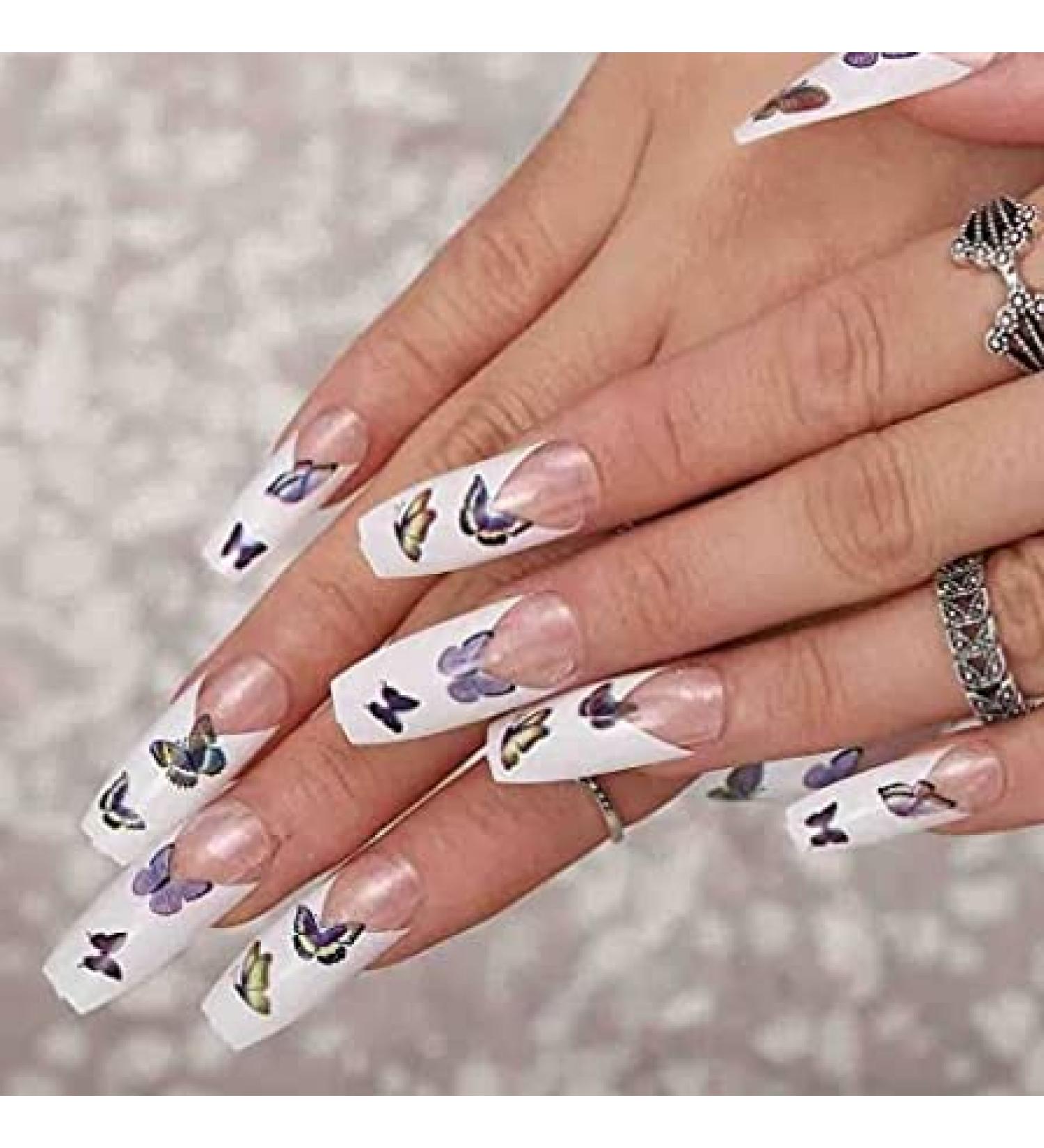 Brishow French Press-On Nails - 24 Pieces White Ballerina Acrylic Nails with Butterfly Design for Women & Girls - International Shipping Available - Buy Online on GoSupps.com