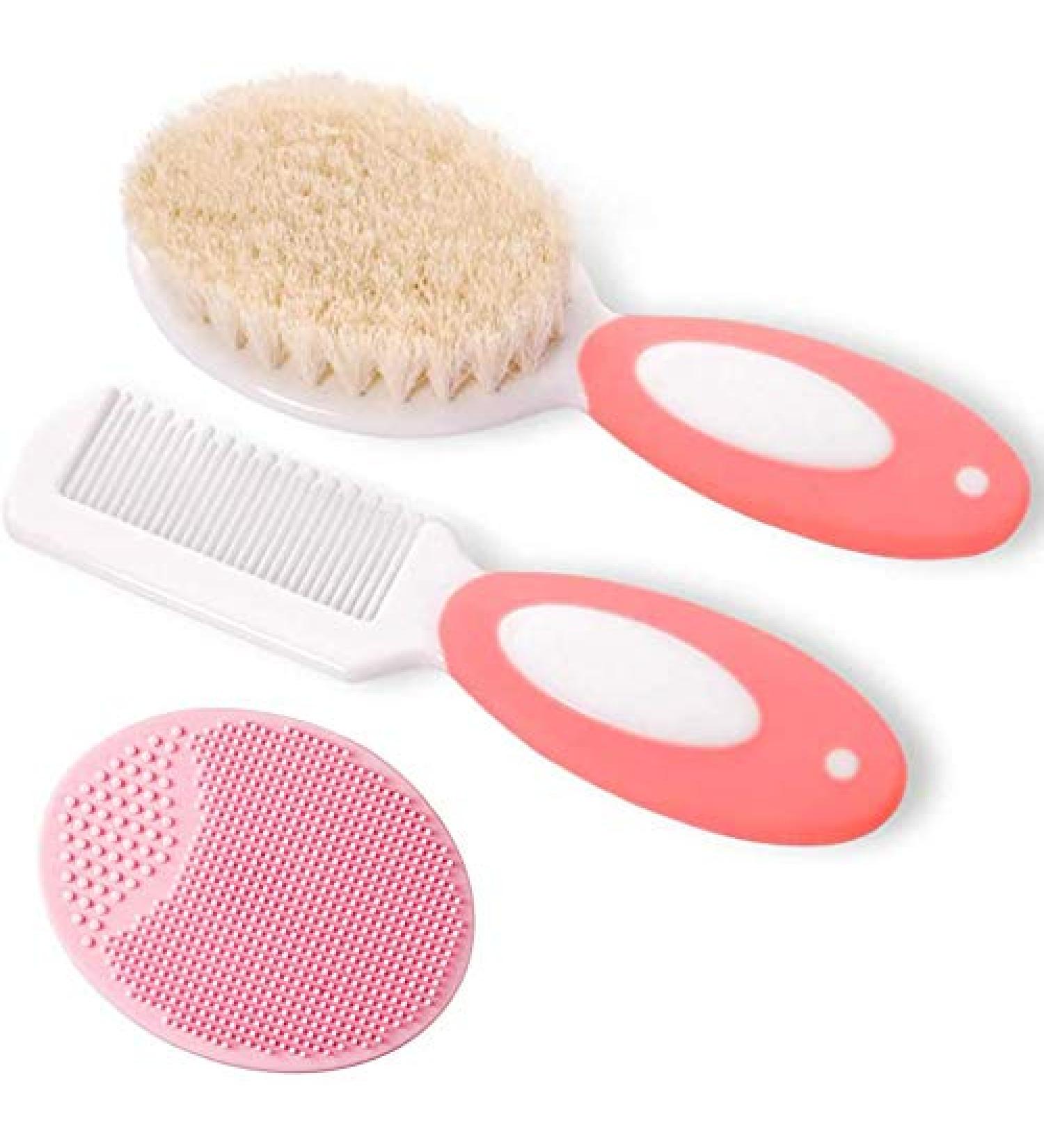 Baby Hair Brush and Comb Set for Newborns & Toddlers - Soft Goat Bristles, Ideal for Cradle Cap | Pink - Perfect Baby Registry Gift - Buy Online on GoSupps.com