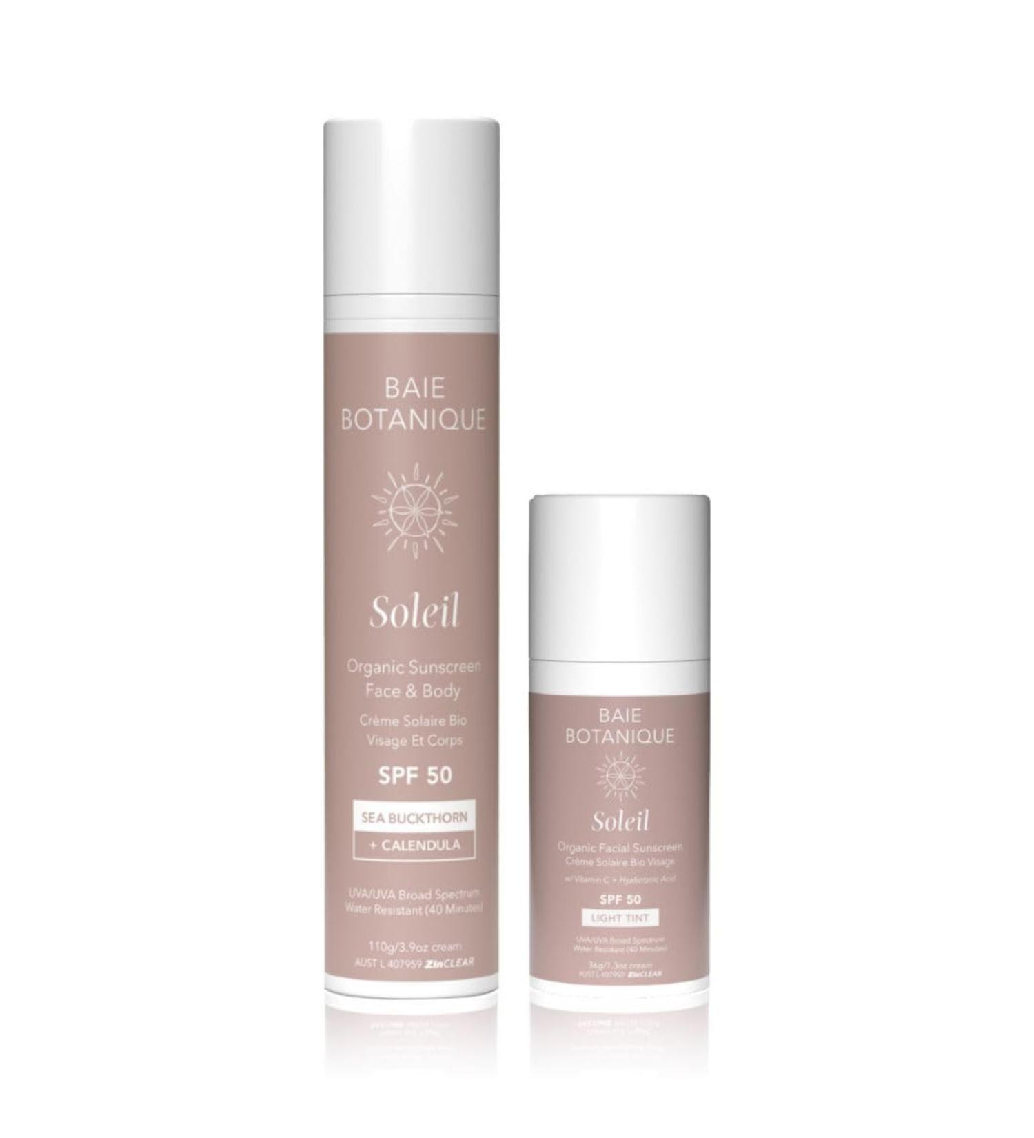 Baie Botanique Soleil - Natural Organic Mineral Non Toxic Sunscreen (Face & Body Sunscreen 110g + Face Sunscreen Light Tint 36g 146g) 110 g (Pack of 1) Face & Body Sunscreen 110g + Face Sunscreen Light Tint 36g - Buy Online on GoSupps.com