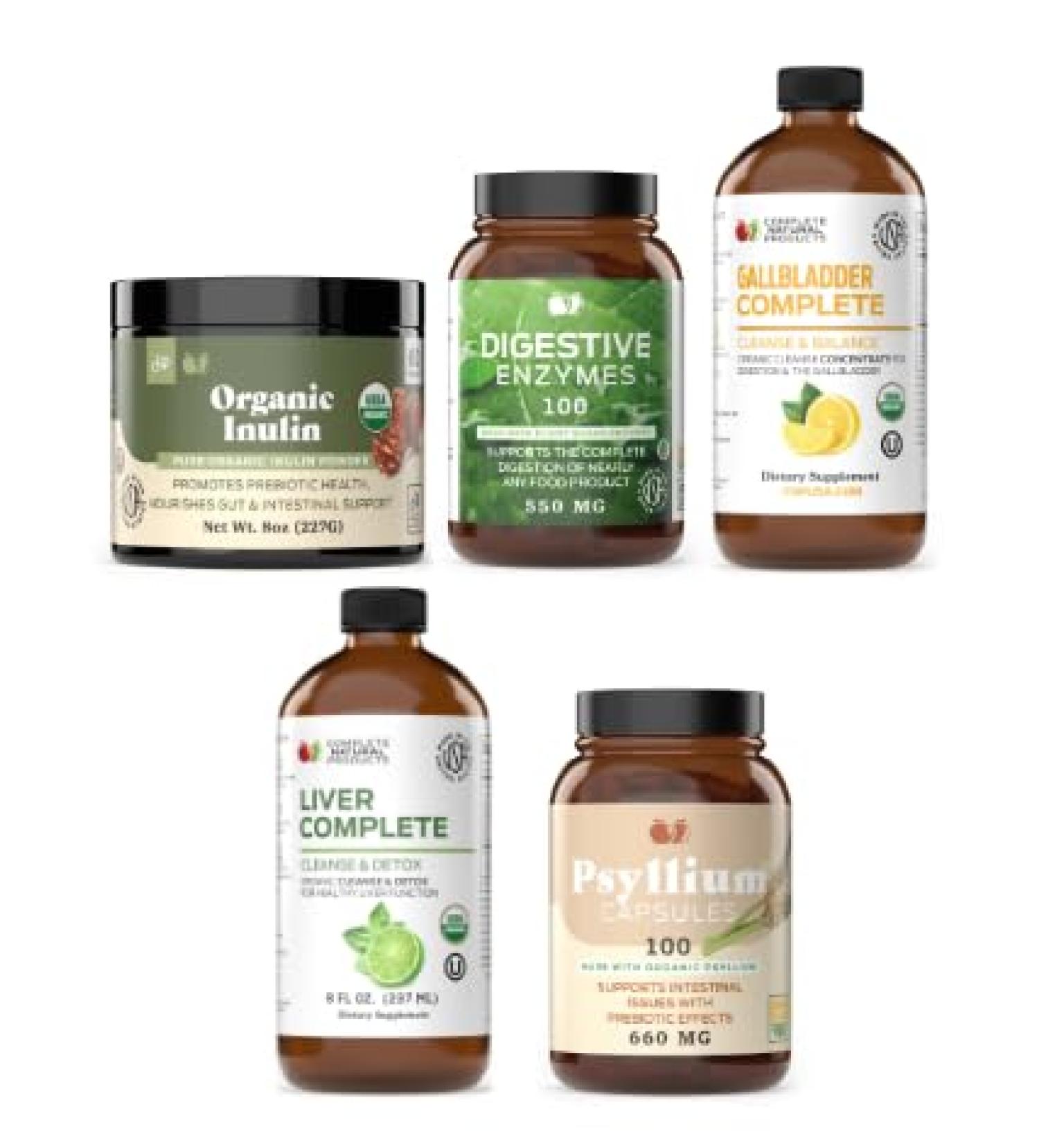 Inulin Powder 8oz Digestive Enzymes 100 Capsules Gallbladder Complete 8oz Liver Complete 8oz & Whole Psyllium Husk Powder 100 Capsules Bundle - Buy Online on GoSupps.com