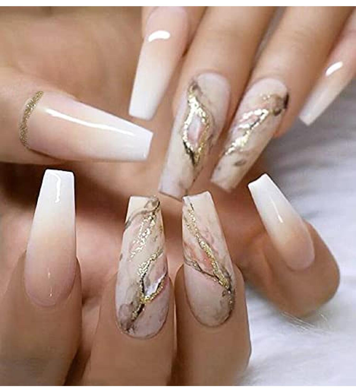 Brishow Long Ballerina Press On Nails - 24 Pink Gradient Acrylics with Gold Foils for Women & Girls - Buy Online on GoSupps.com