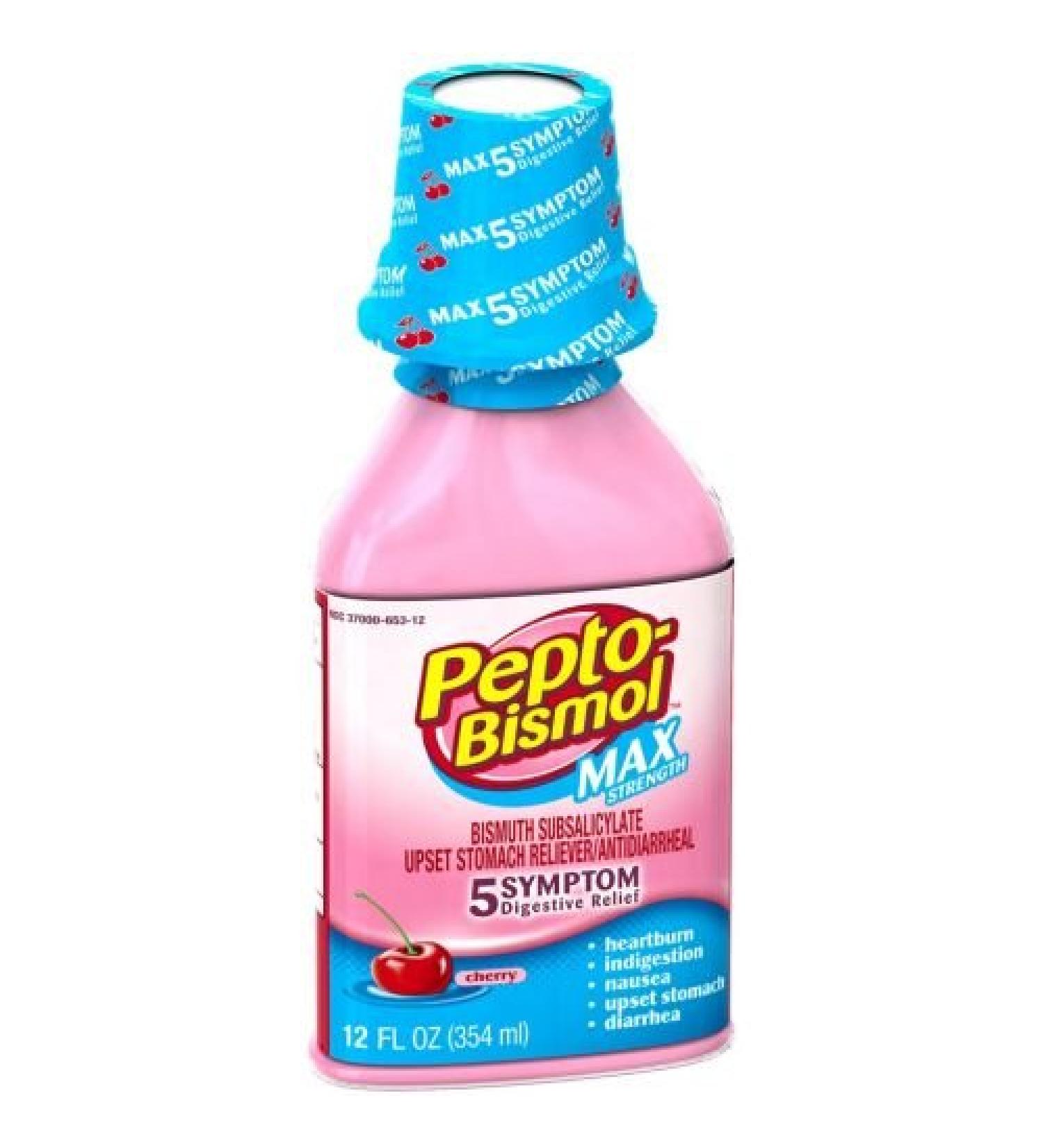 Pepto-Bismol Cherry Max Strength Five Symptom Digestive Relief Liquid 12 Fluid Ounce - 12 per case.