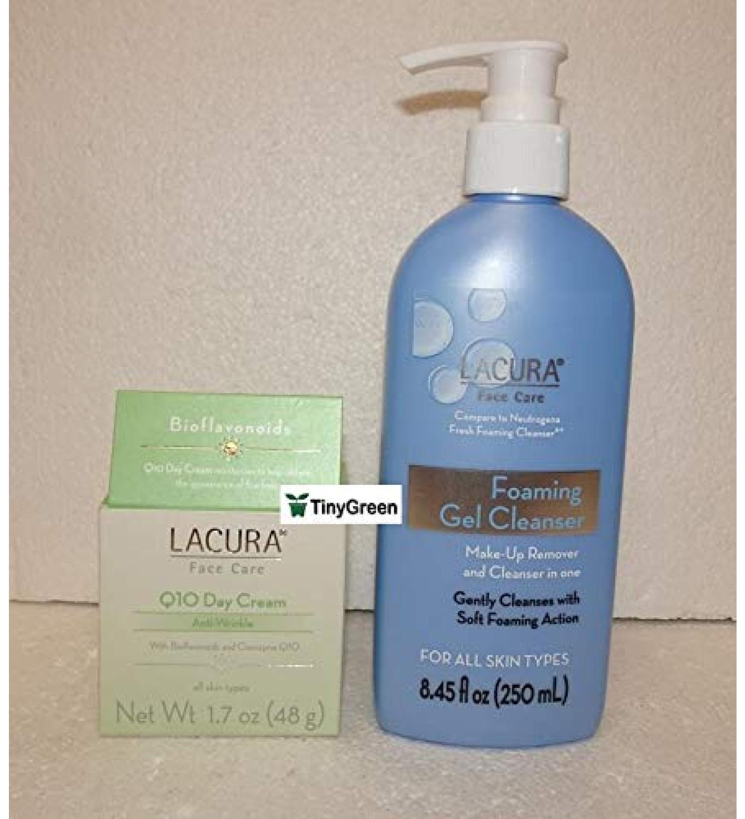 Lacura Anti-Wrinkle Face Q10 Day Cream 1.7oz and Face Care Foaming Gel Cleanser 8.45fl oz (Pack of Two)