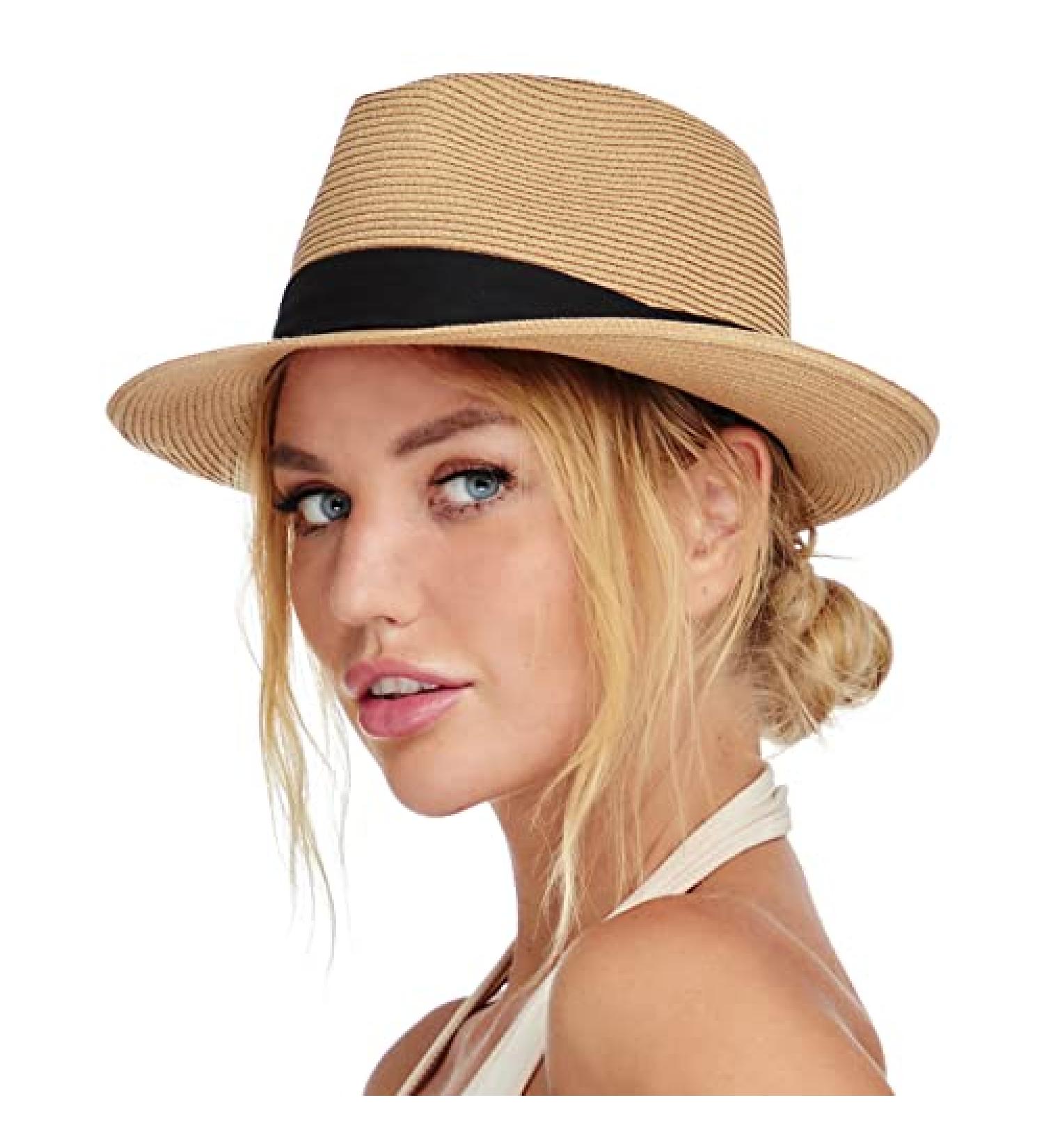 Unisex Straw Fedora Sun Hat | Packable Roll-Up Design | Khaki-Black | Medium-Large - Buy Online on GoSupps.com