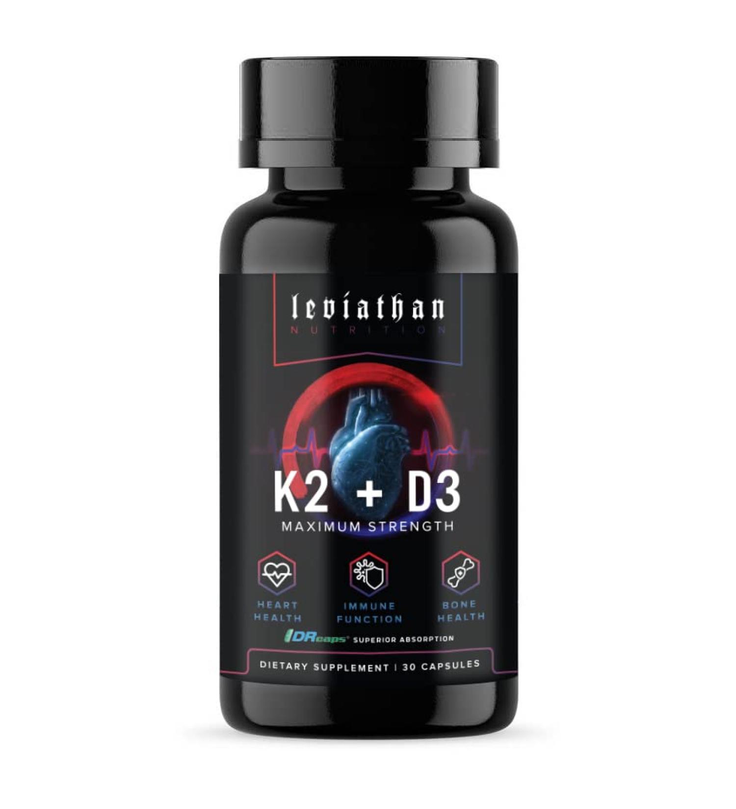 Leviathan Nutrition Vitamin D3 K2 2 in 1 Formula | Vegan Organic Extra Strength Supplement for Heart, Teeth, Joint & Bone Health - 360mcg Vitamin K2 (MK7) + 5000 IU Vitamin D3 - Buy Online on GoSupps.com