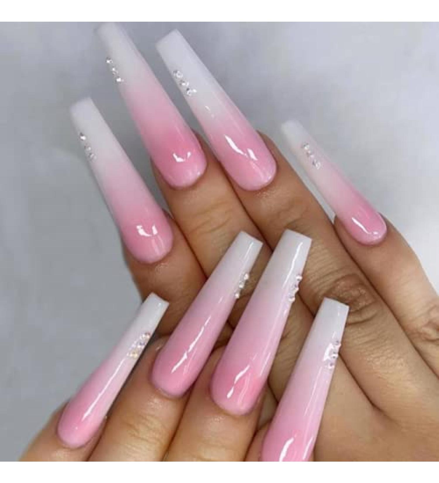 Ombre Pink Press on Nails with Rhinestone Gradient - 24Pcs Super Long Square Coffin False Nails for Women and Girls - Buy Online on GoSupps.com