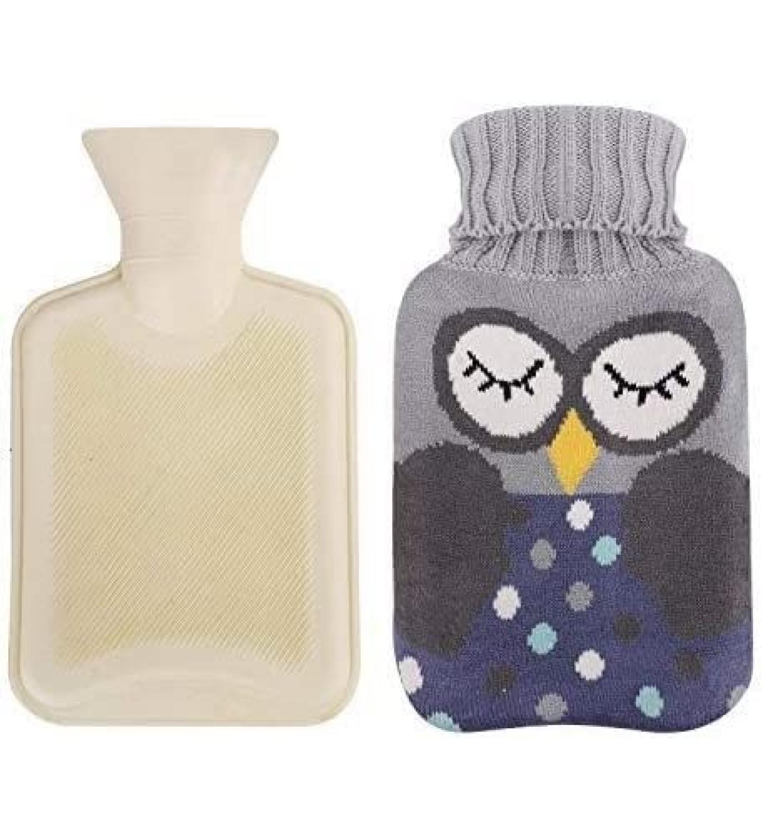 Premium 1000ml Rubber Hot Water Bottle with Knitting Cover - Washable Hand Warmer for Pain Relief | Ideal Insulation Heating Bag | Gray Owl Design - Buy Online on GoSupps.com