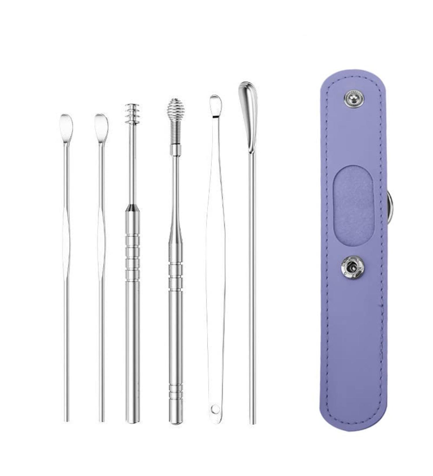 6pcs Spring Earwax Cleaner Tool Set - Spiral Design Stainless Steel Ear Picks Stainless Steel Ear Pick Set with Keychain Box Ear Wax Removal Kit for Ear Adult (Purple)