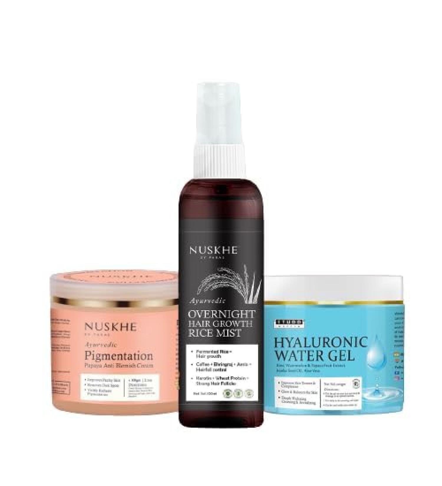 Buy Nuskhe Pa Glow Up Trio - Overnight Hair Growth Rice Mist Papaya Pigmentation Cream & Hyaluronic Gel (100ml each) | International Shipping Available - Buy Online on GoSupps.com