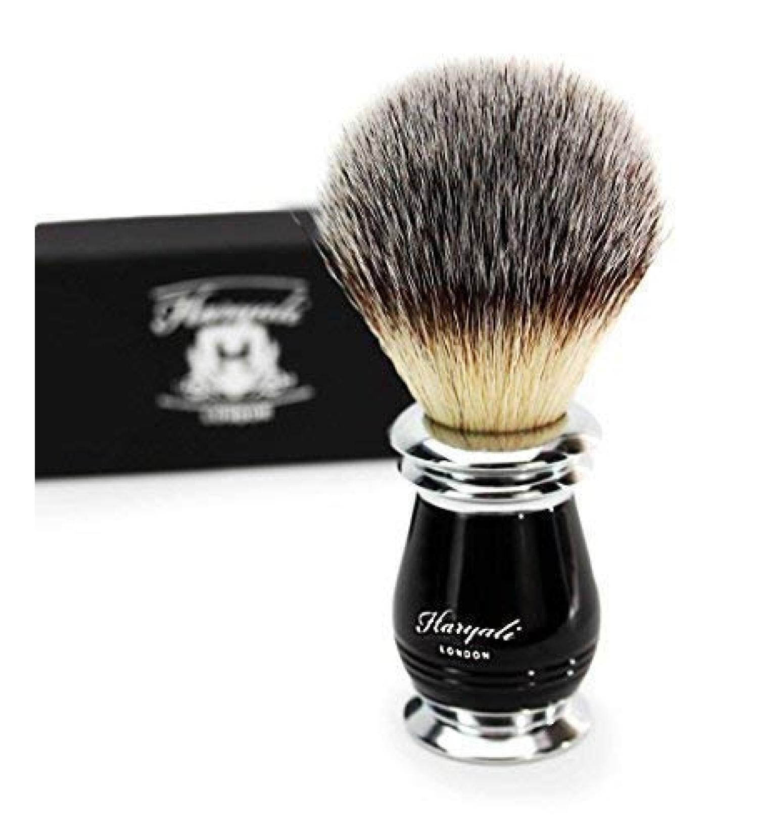 Synthetically hair-razor brush with the antique handpiece develops in black and metal with design Packaging.Gifts for men have everything