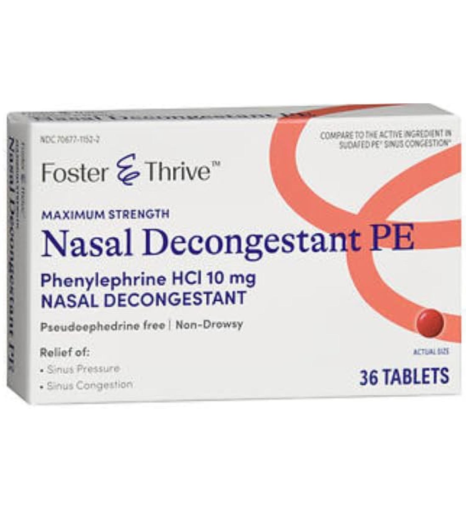 Nasal Decongestant PE Phenylephrine HCl 10 mg Maximum Strength Tablets 36 Count Non-drowsy for Sinus Pressure and Congestion Foster & Thrive