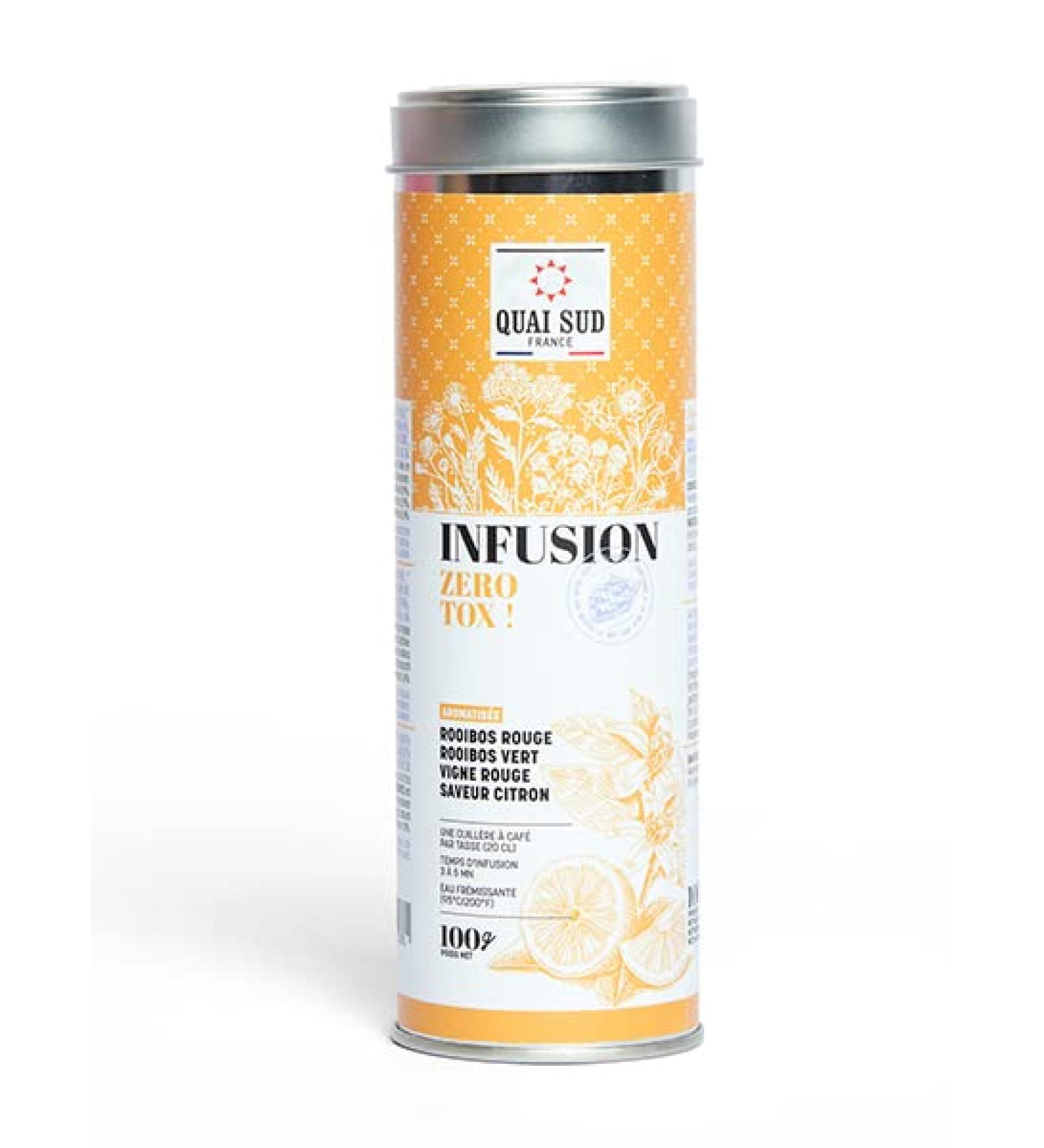 INFUSION Z RO TOX! AROMATIS E ROOIBOS ROUGE - ROOIBOS VERT - VIGNE ROUGE - SAVEUR CITRON Bo te Ronde 100 g