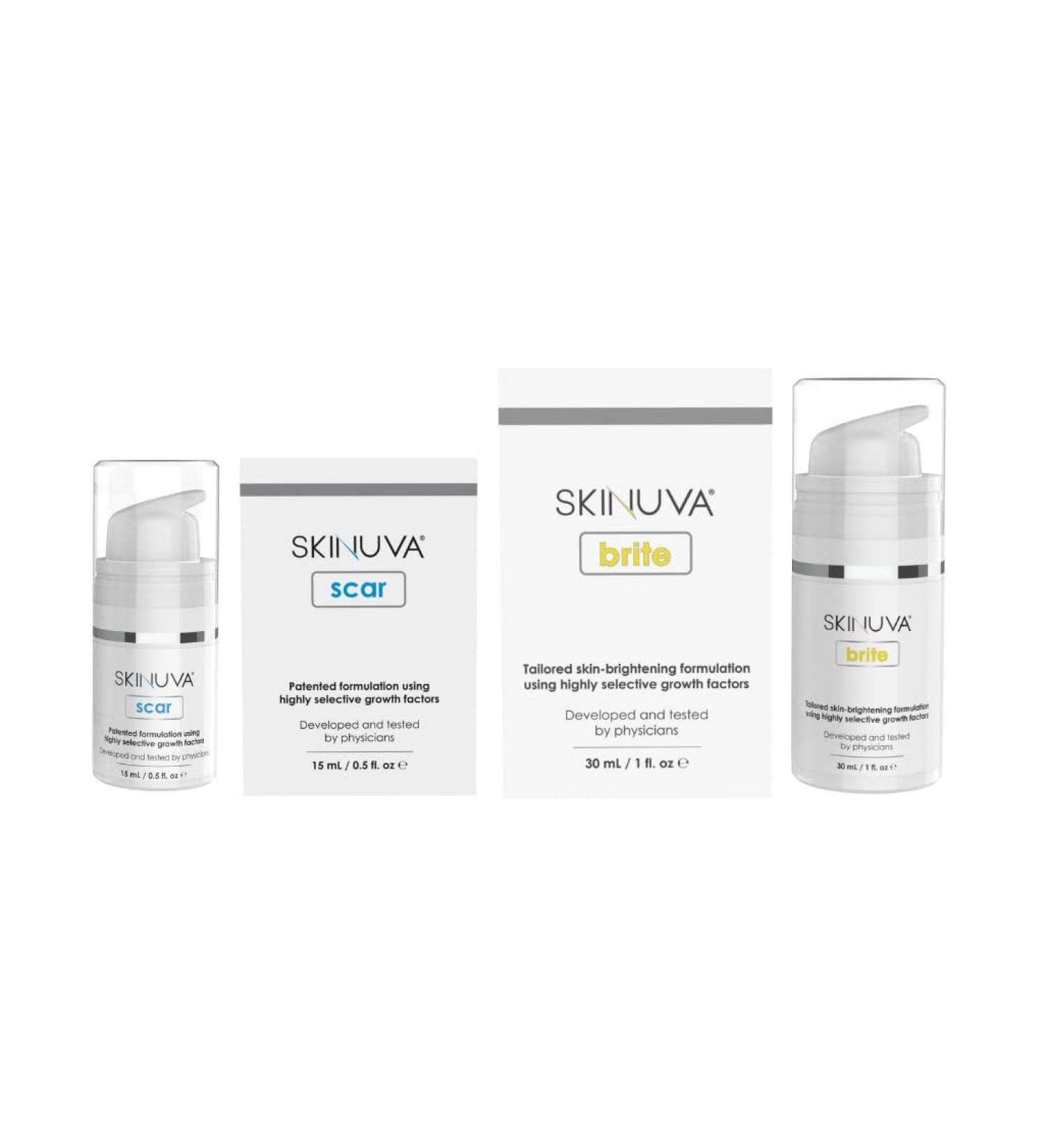 Skinuva Scar Cream (0.5 oz) + Skinuva Brite Hyperpigmentation Treatment (1 oz) | Advanced Scar Removal & Skin Brightening Cream with Growth Factors - Buy Online on GoSupps.com