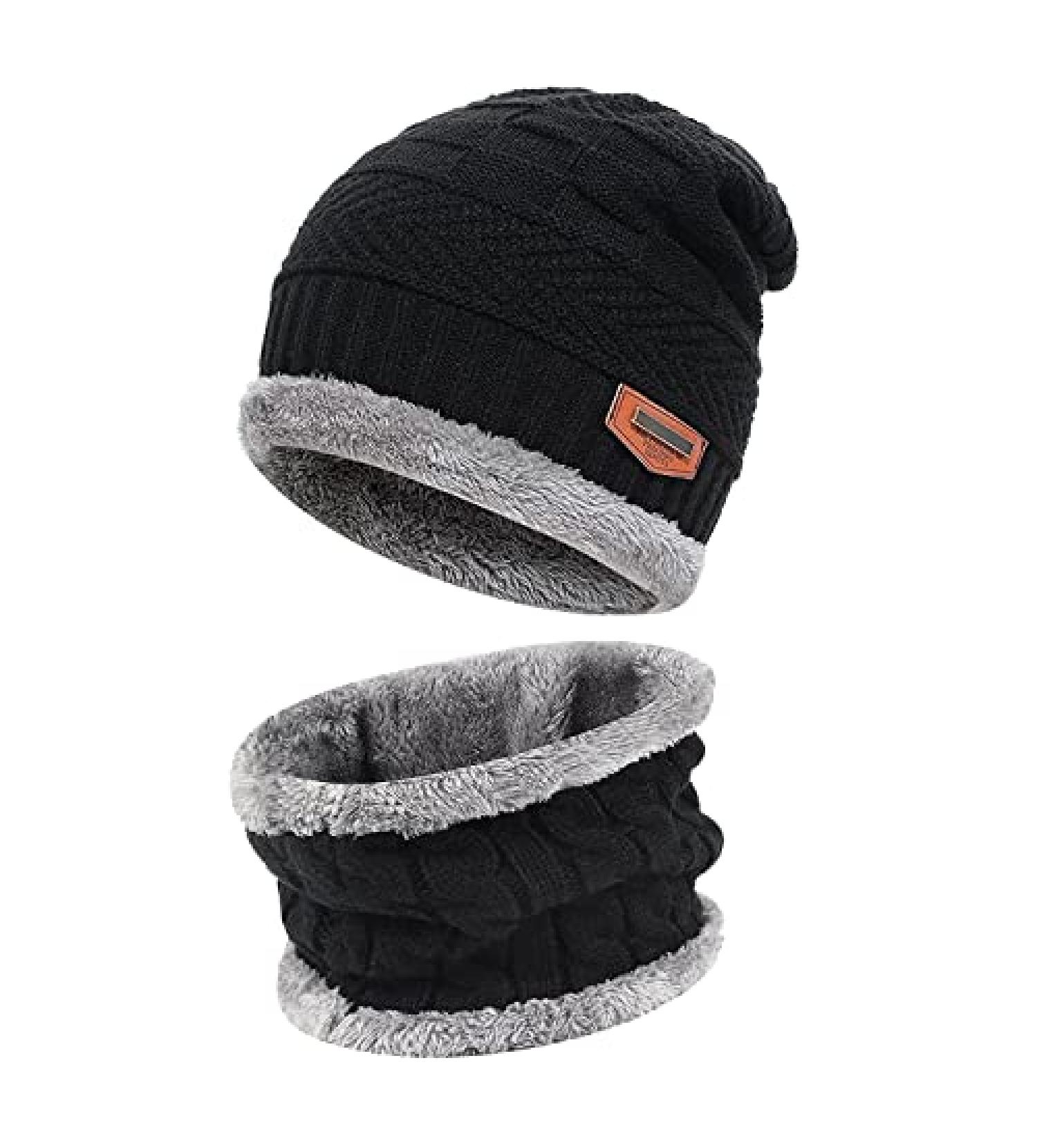 Kids Winter Knit Beanie Hat and Scarf Set with Fleece Lining - Black - One Size - Buy Online on GoSupps.com