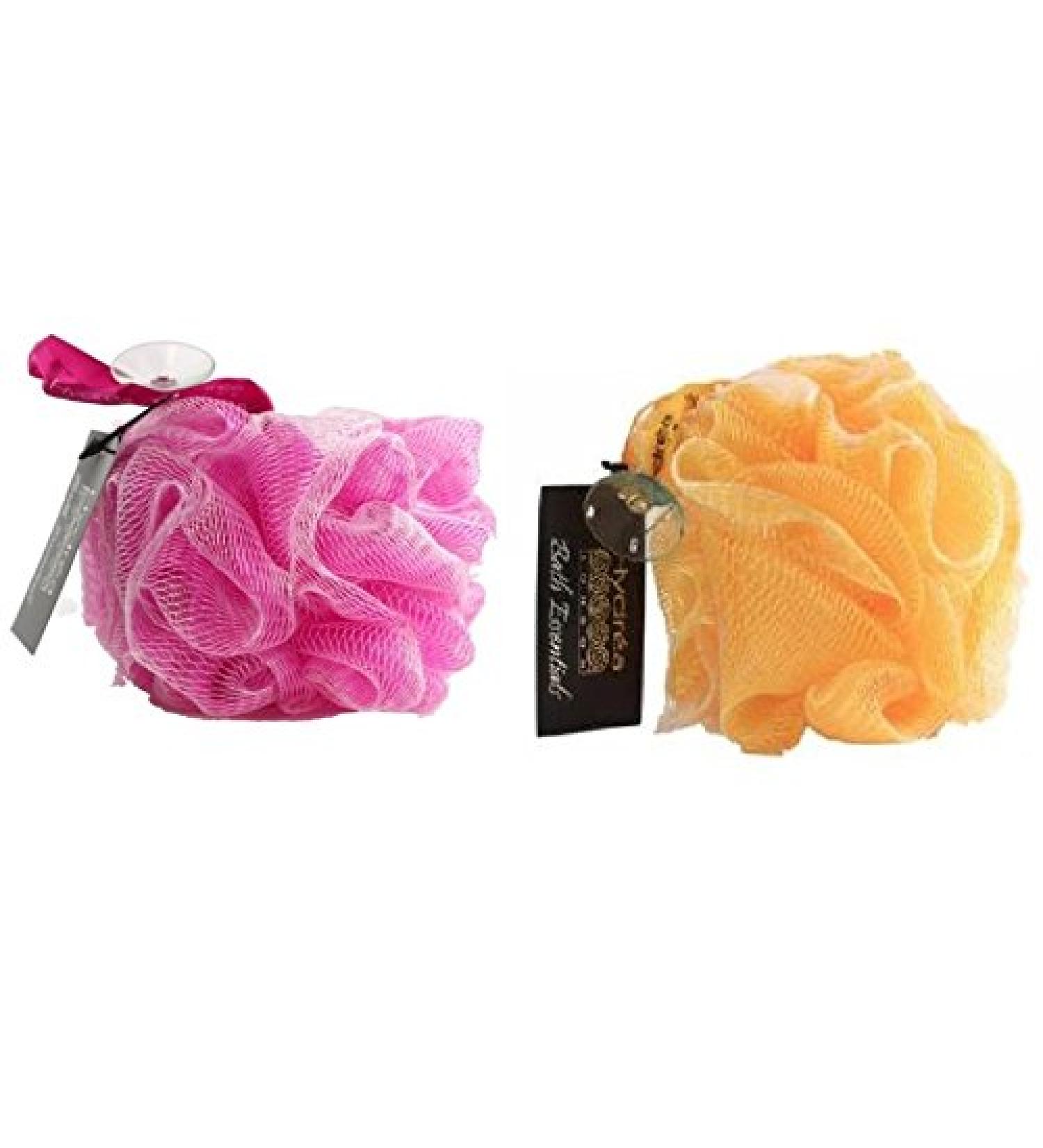Hydrea London Shower Puffs - Pack of 2 Exfoliating Body Scrubber for Men & Women - Face & Body Cleansing Shower Scrub - Ultra-Soft Large & Vegan Bath Scrunchie - Bathing Buffers Pink & Yellow