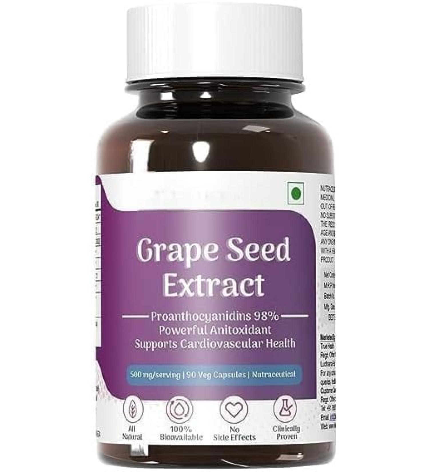 Grape Seed Extract 98% Polyphenols | 500 mg | Antioxidant Supplement Strengthens Immunity Promotes Healthy Skin and Hair | 90 Veg Capsules - Buy Online on GoSupps.com