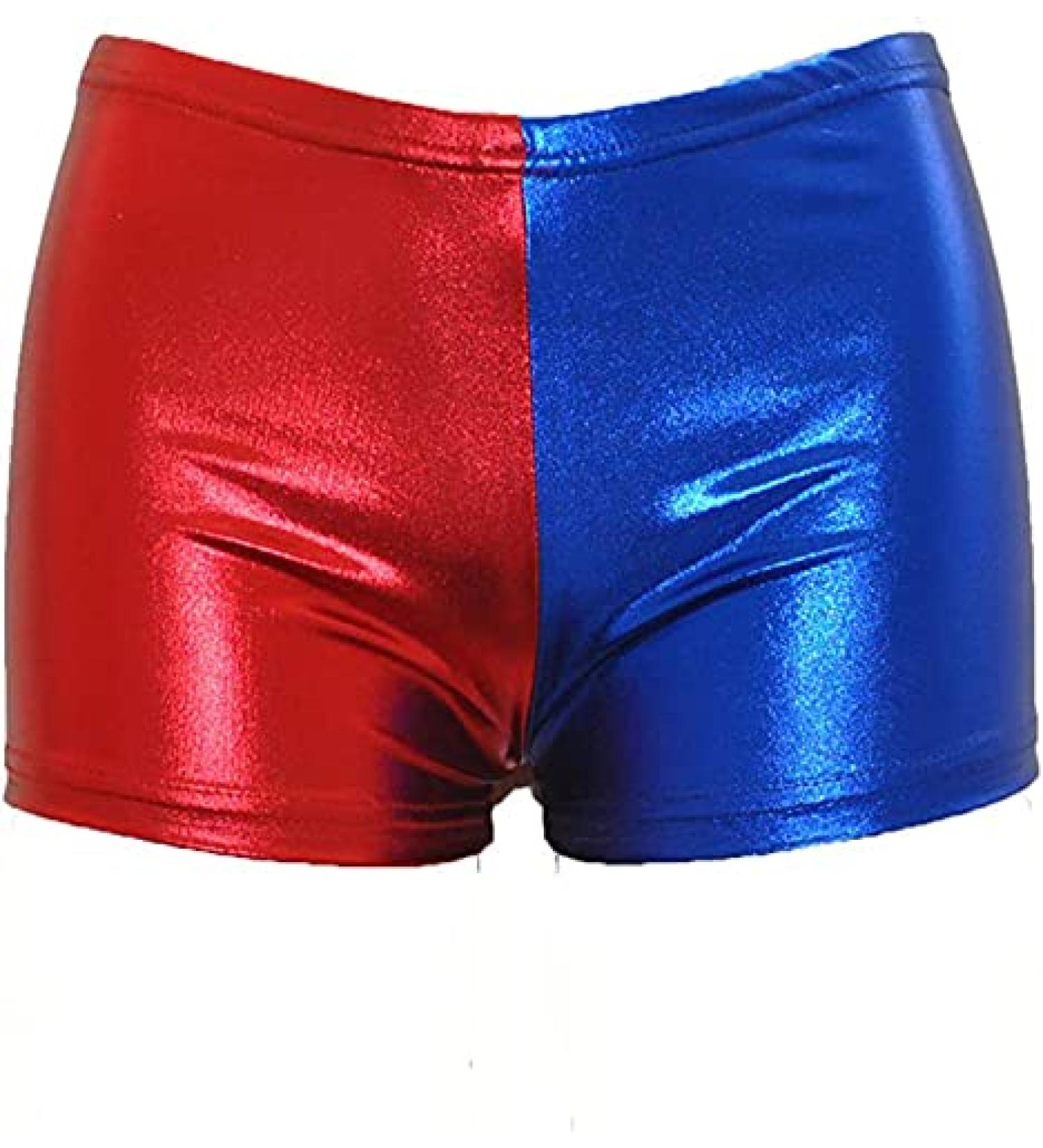 Loxdonz Women's Metallic Shorts Shiny Pants Red Blue Rave Booty Dance Shorts Hot Pants Regular Fit Large Red/Blue