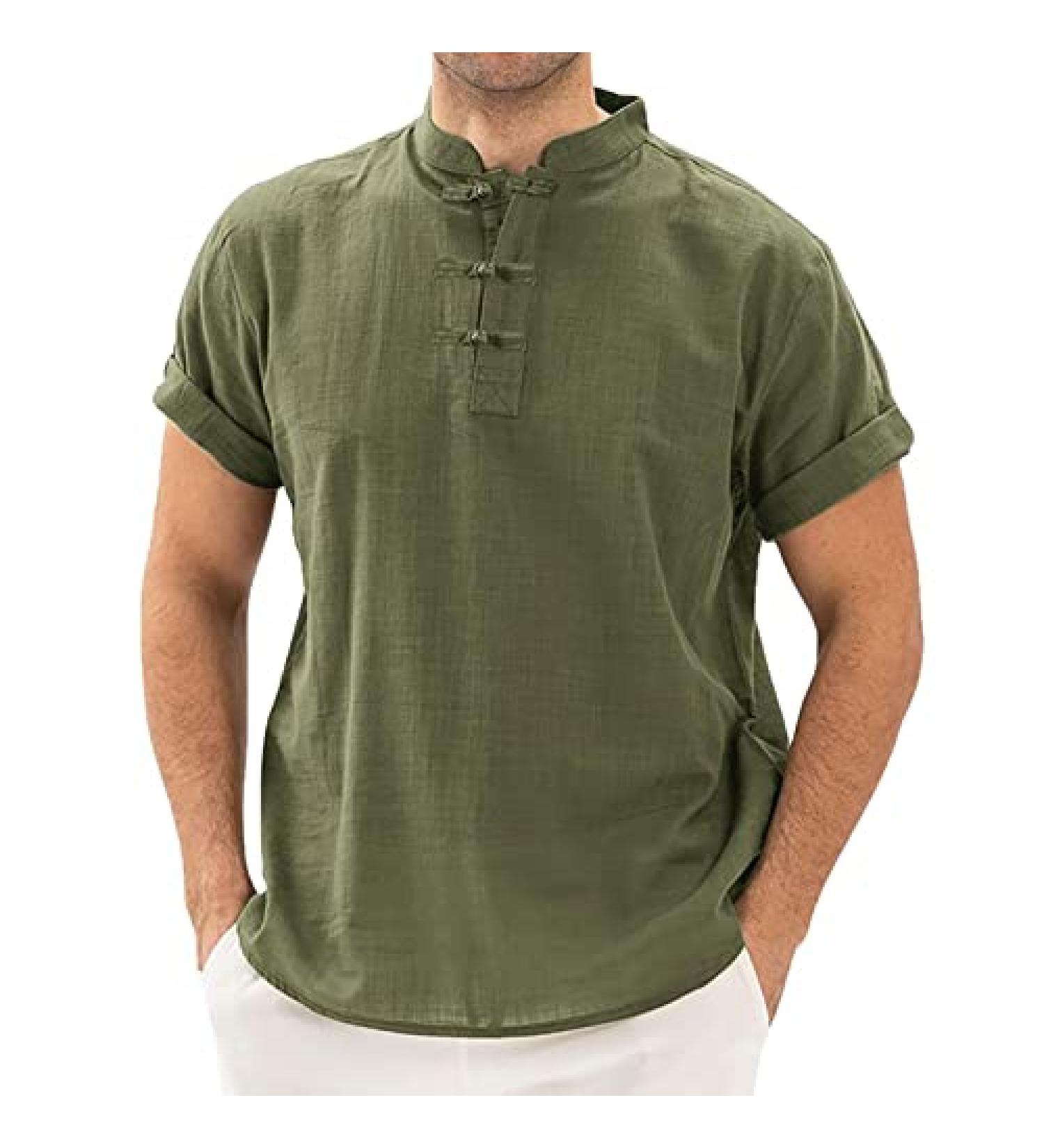 Men's Cotton Linen Short Sleeve Hawaiian Shirt - Green | Relaxed Fit Beach Top - Buy Online on GoSupps.com