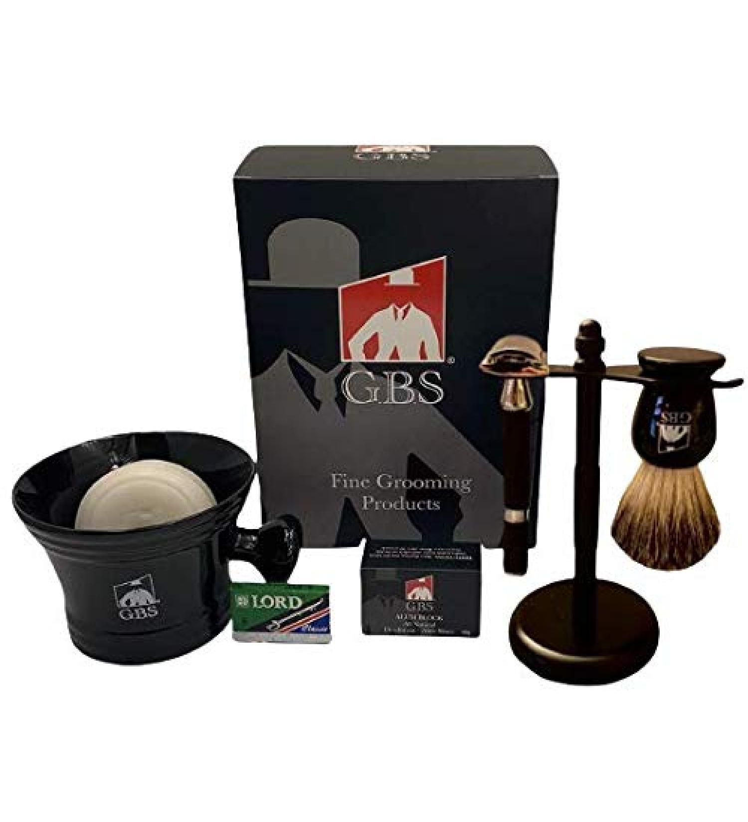 Buy G.B.S Men's Premium 5 Piece Shaving Set - Double Edge Razor Mug Brush Stand & Blades - International Shipping Available - Buy Online on GoSupps.com