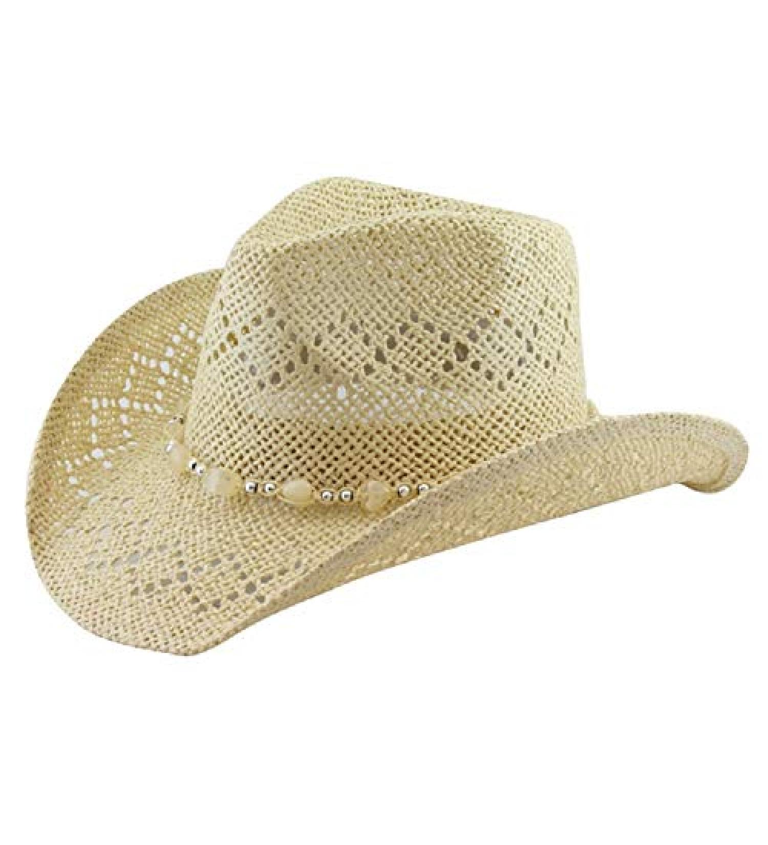 Vamuss Straw Cowboy Hat for Women with Beaded Trim and Shapeable Brim Cream