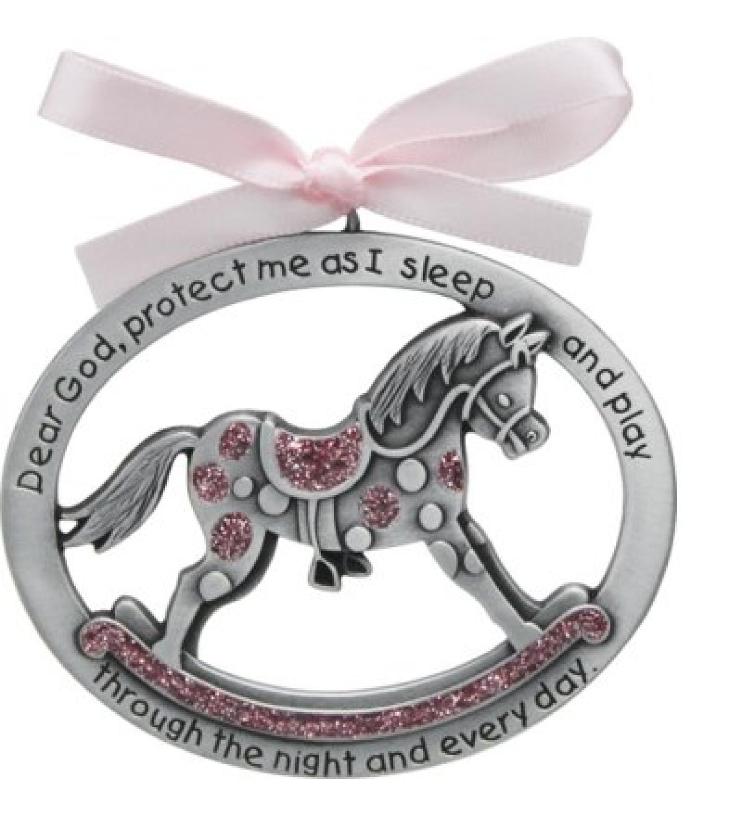 Oskal Sweet ROCKING HORSE Crib Medal for Baby GIRL with PRAYER Verse PEWTER Finish - CHRISTENING/SHOWER GIFT - Baptism KEEPSAKE w/PINK RIBBON - INFANT - Newborn (Original Version)
