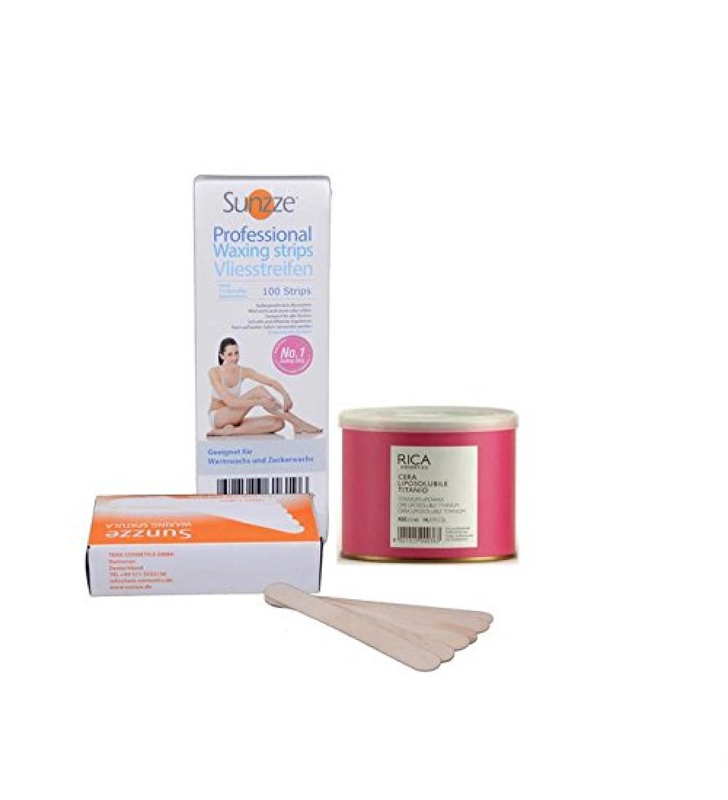 Sunts Rica Wachs Kit Rosa 400ml with free spatula for hair removal in the armpit face leg and intimate area.Rica warm wax azulen shocks fleece strips and wooden spatula.