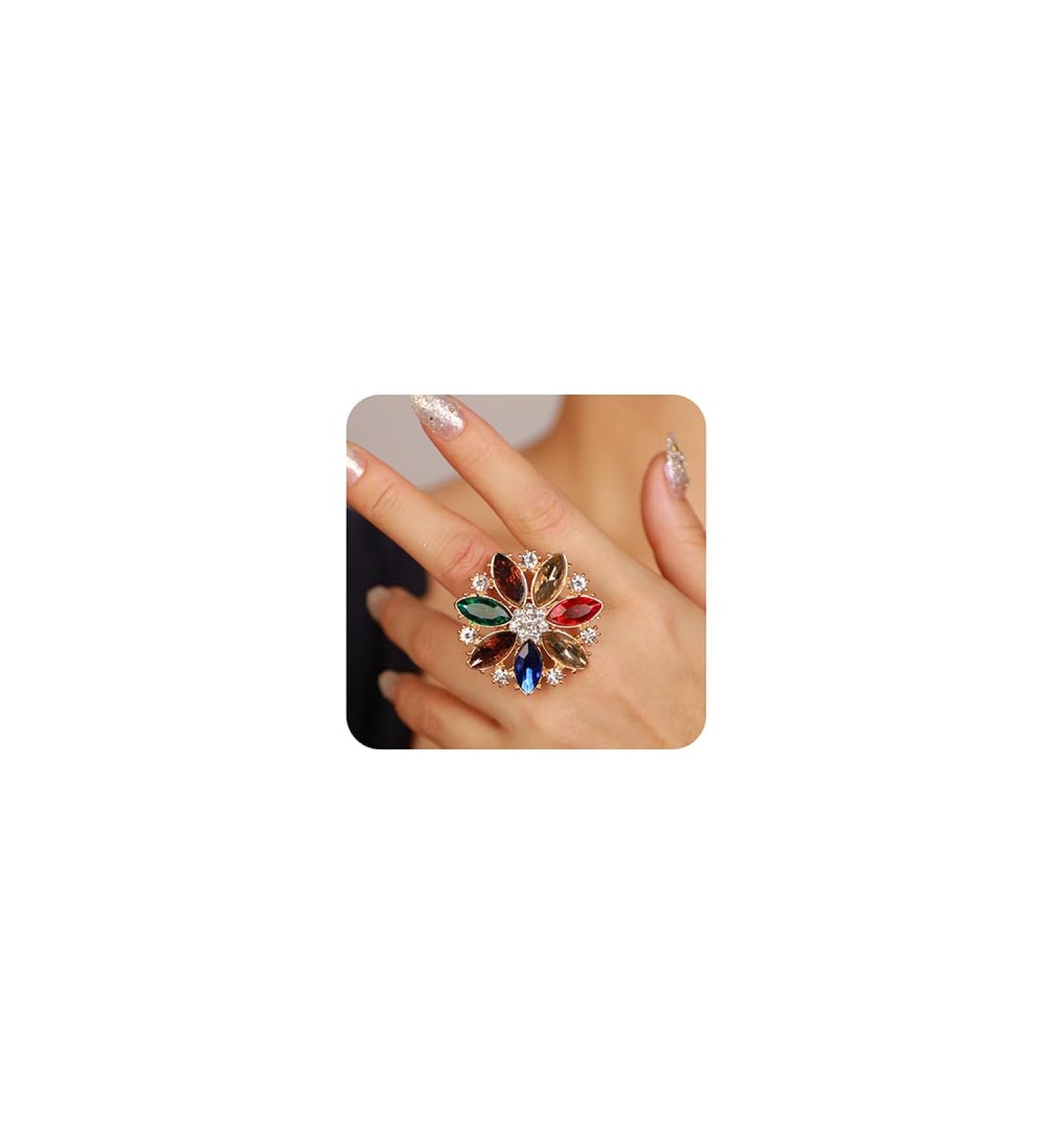 Shop Xerling Multi-Colored Rhinestone Flower Rings | Colorful Crystal Statement Rings for Bridal & Prom - Aesthetic Jewelry - Buy Online on GoSupps.com