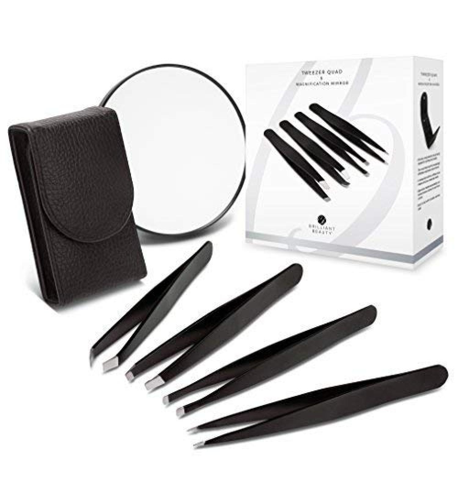 Precision Tweezers Kit - 4-Piece Professional Set for Eyebrow Grooming and Hair Removal with Case & Mirror - Slant, Pointed, Curved, and Flat Tips - Black - Buy Online on GoSupps.com