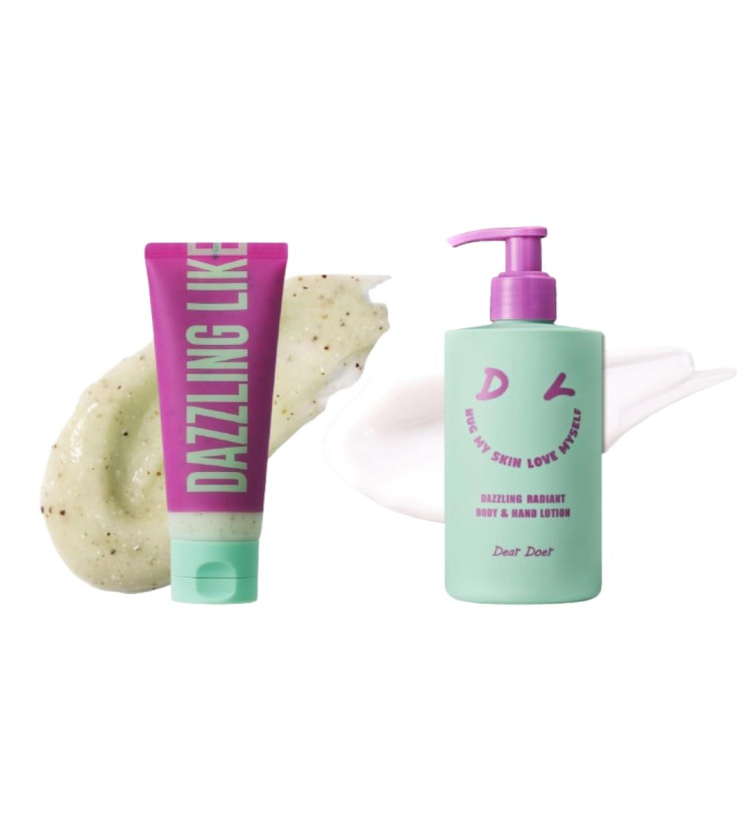  Dear Doer Dazzling Body Scrub in Tube - Radiant & Gentle Exfoliator with Grape Seed 3.38 fl oz/Dazzling Radiant Body & Hand Lotion | Vegan | 10.14 fl.oz - pH-Balanced Non-Sticky Vitamin Lotion - Buy Online on GoSupps.com
