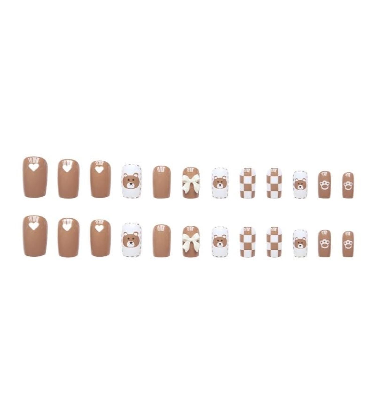 Nail dressing medium length brown checkerboard teddy bear nail patch fake nail 24 pieces 1 count (Pack of 1) Brown - Buy Online on GoSupps.com