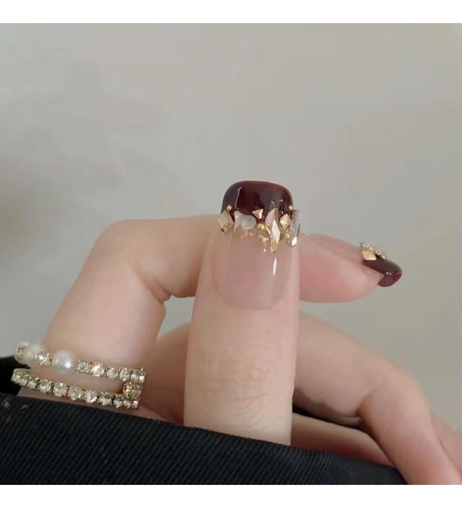Handmade Wearing Armor Rich and Noble Thousand Gold Explosive Sparkling Champagne Broken Diamond Red French New Year Nail (Size : S)