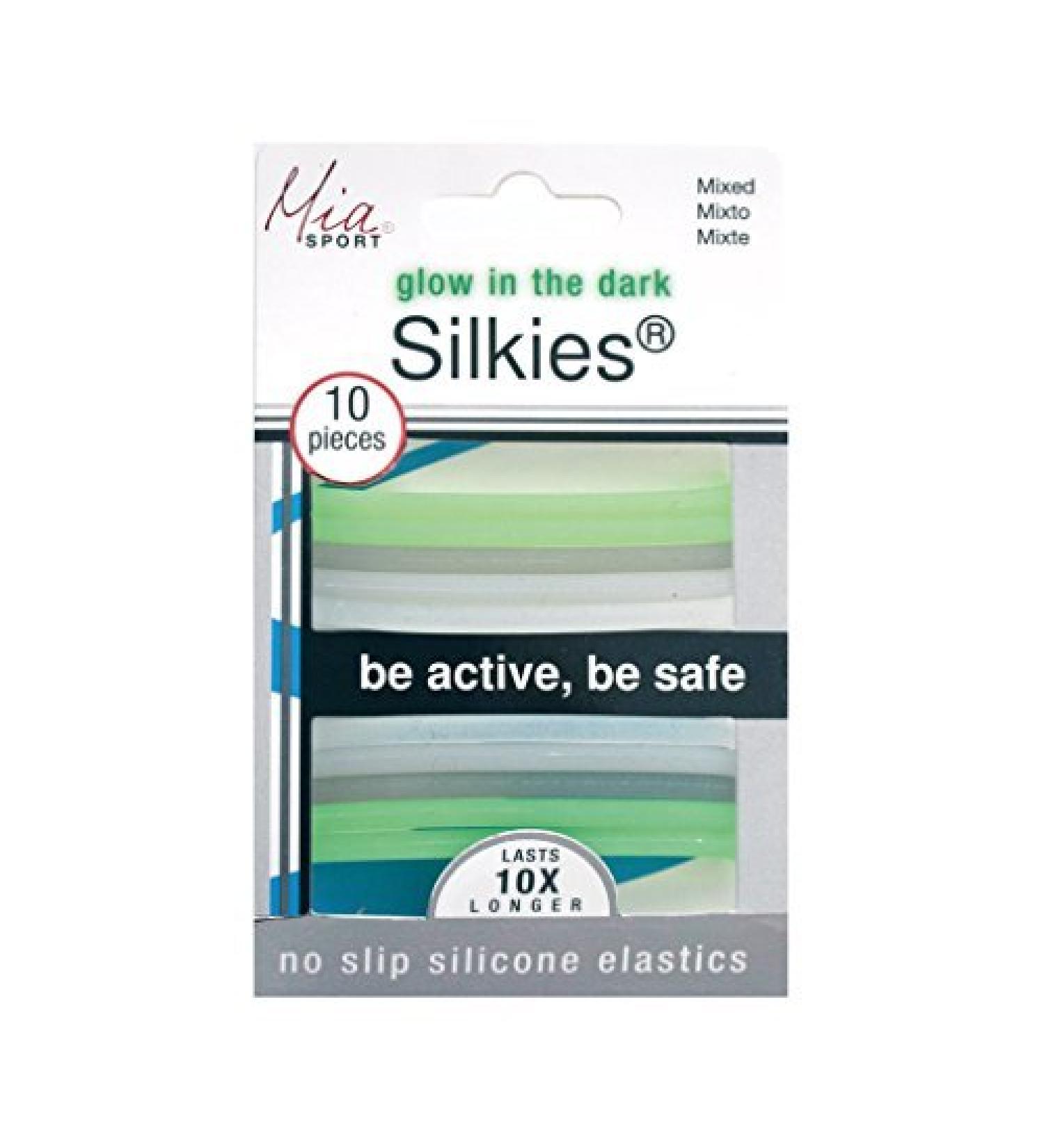 Mia Silkies Silicone Hair Elastics That Glow In The Dark Be Active Be Safe Translucent Grey Clear Green Colors-Lasts 10 Times Longer Than Regular Rubber Bands Women And Girls No Slip 10 pcs 2 Inch (Pack of 10) Black...