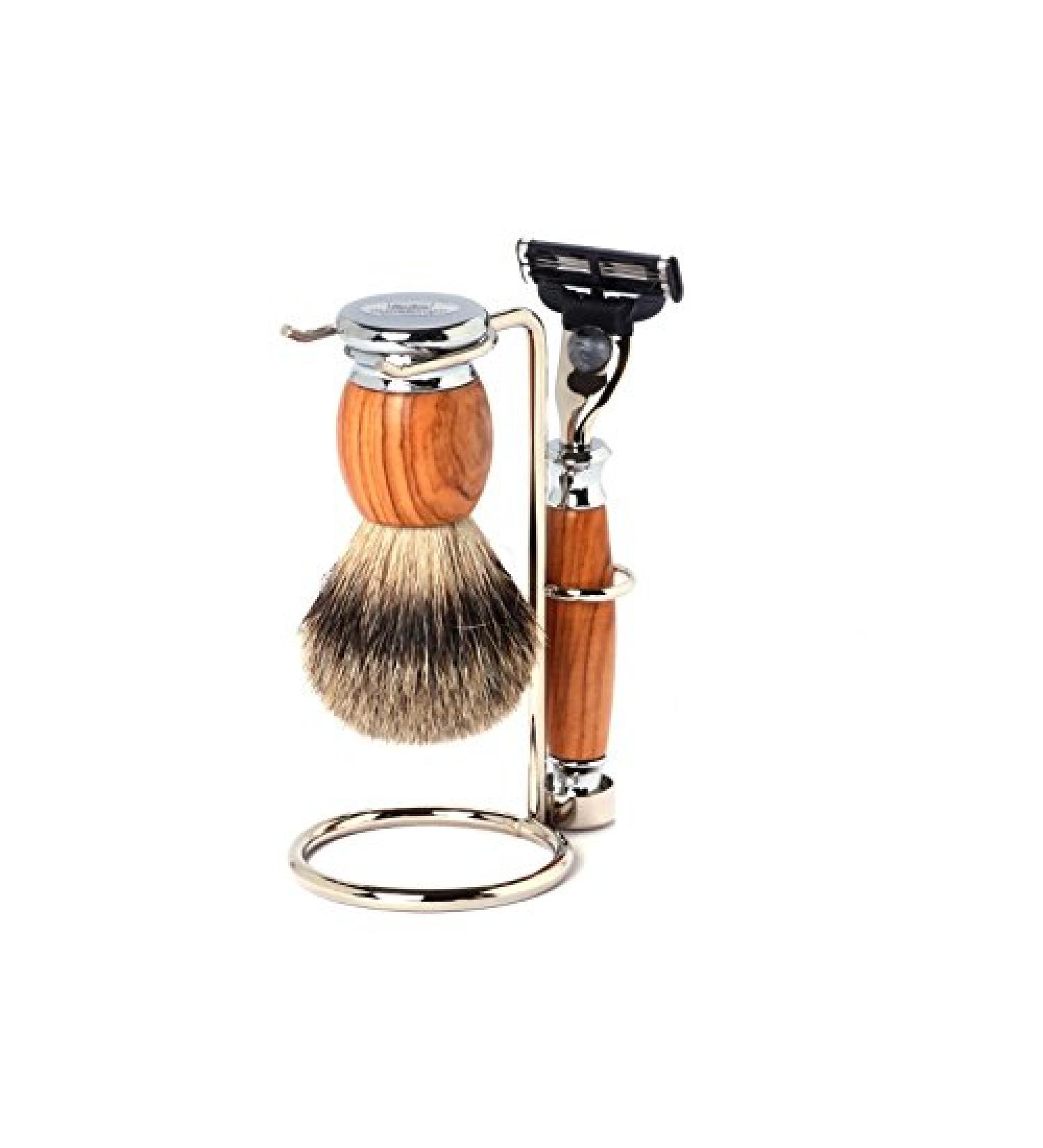 Hans Baier shaving set - shaving set brush silver tip holder olive/chrome