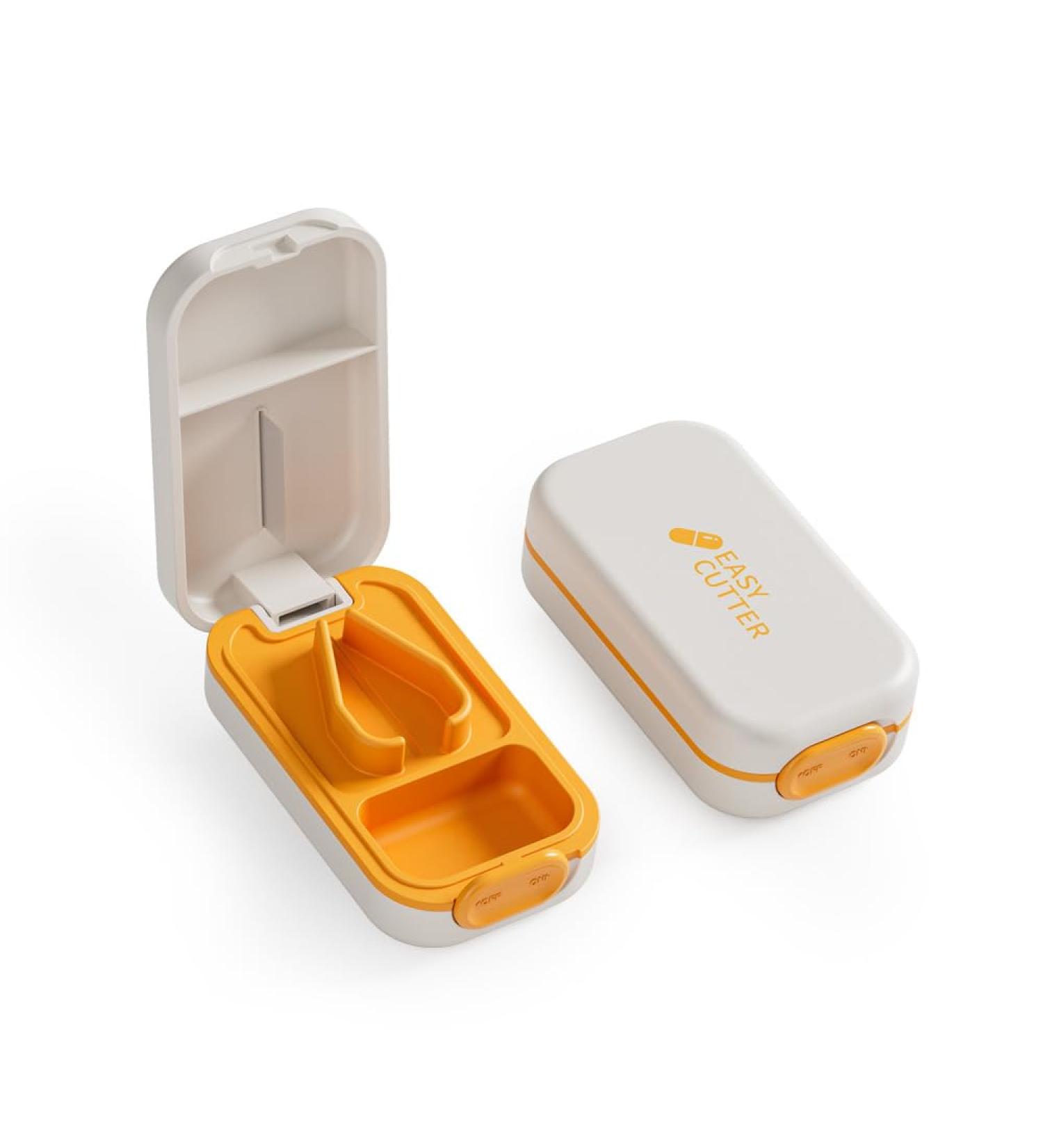 Compact Pill Cutter with Moistureproof Storage | Travel Pill Splitter | Small Pill Cutter with Lock - White Orange - Buy Online on GoSupps.com