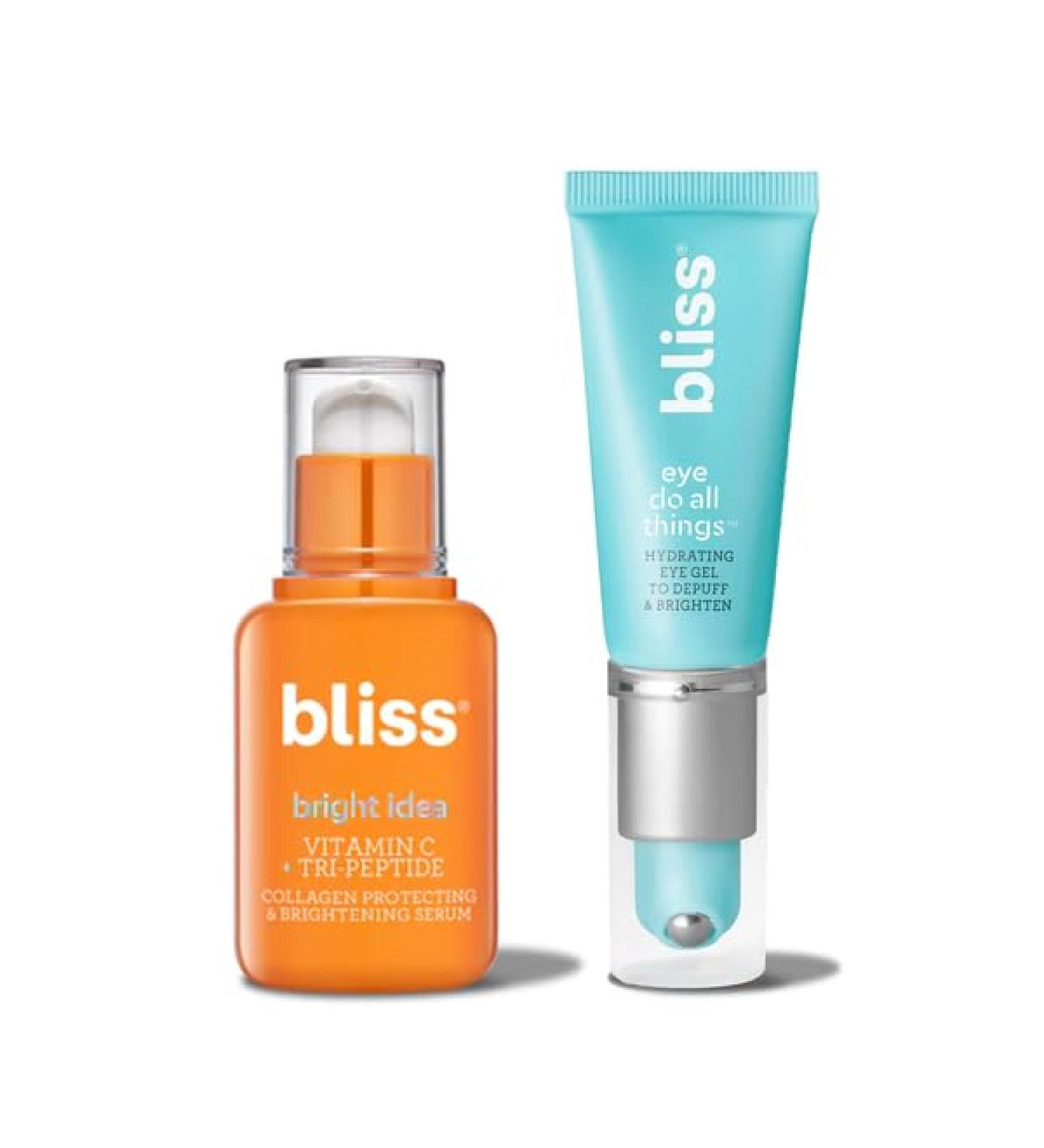 Bliss Serum and Eye Cream 2pc Set: Bliss Bright Idea Vitamin C + Tri-Peptide Brightening Serum - 1 Fl Oz - Hydrating Illuminating Face Cream with Peptides and Eye Do All Things Hydrating Eye Cream - Buy Online on GoSupps.com