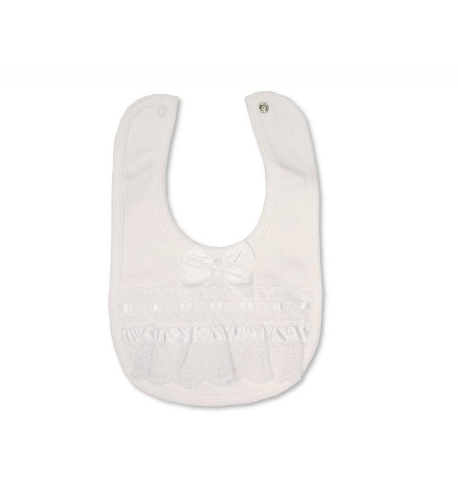 Cute Baby Girls Boys Babies Newborn 3 6 Months Infant Childrens Feeding Weaning Bandana Burp Dribble Broderie Anglais Lace Ribbon Wedding Baptim Christening Fancy Frilly Bib Cotton Satin Bow Trim White