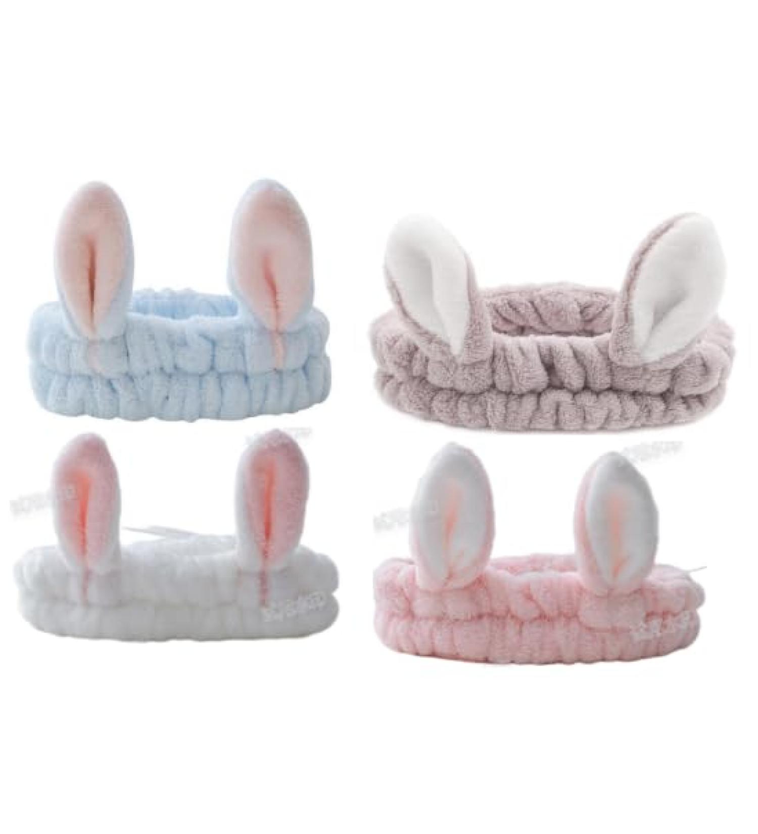 Generic Elastic Makeup Headband Cute Coral Fleece Bunny Ears Skincare Headband Spa Headband for Shower Yoga Sports Washing Face Skincare (Pink Gray White Blue)