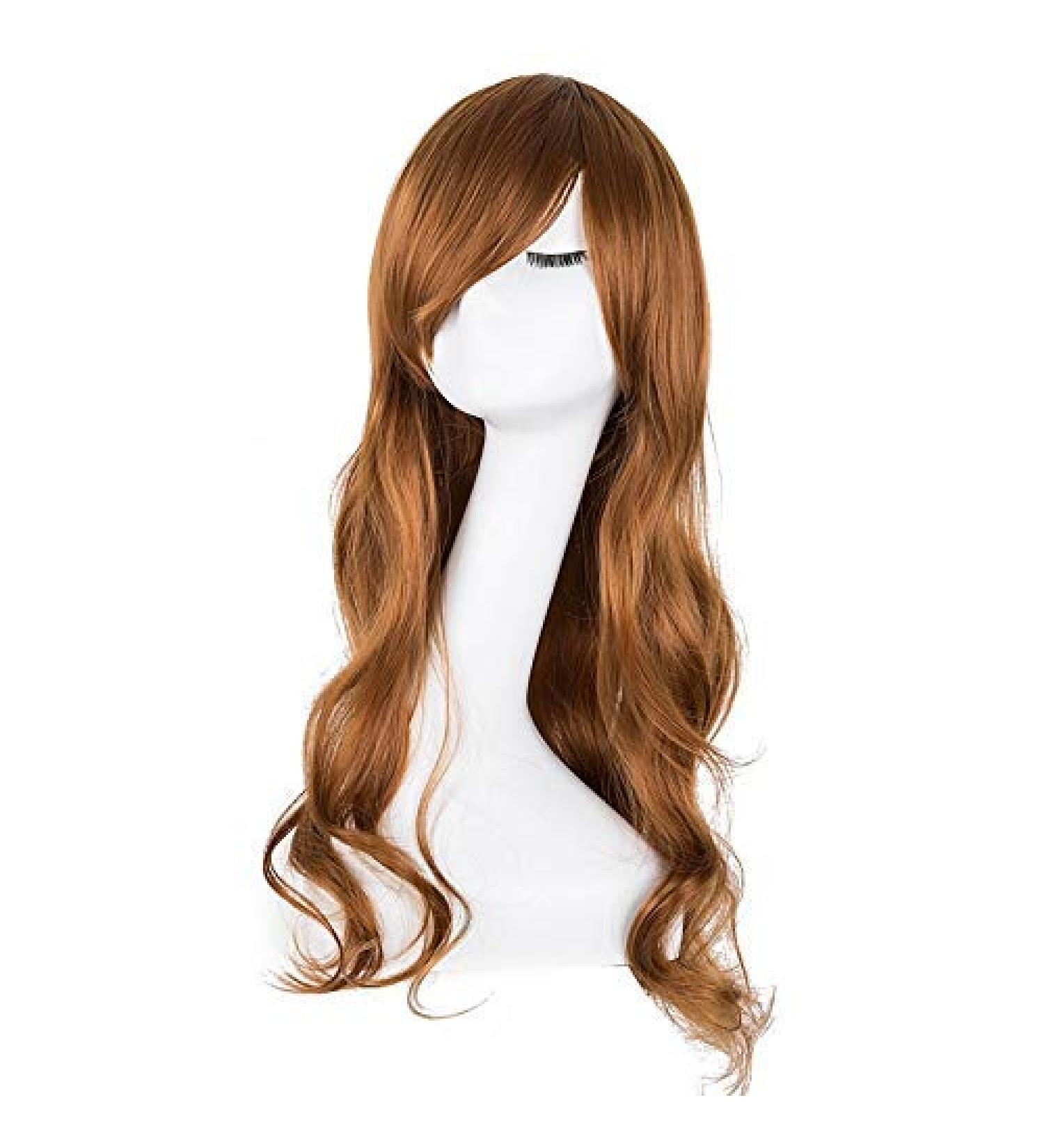 LFMDJF Curly Wigs Synthetic Heat Resistant Fiber Long Light Brown Hair Inclined Hairpiece Costume Hairset 24inches #1B 1B/30HL