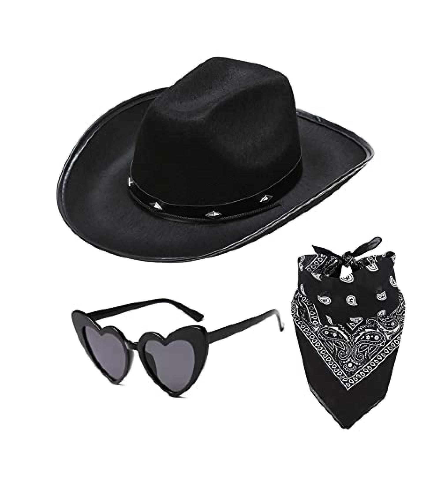 Black Cowgirl Hat with Heart Glasses & Bandana - Nashville Bachelorette Party Western Cowboy Costume - Buy Online on GoSupps.com