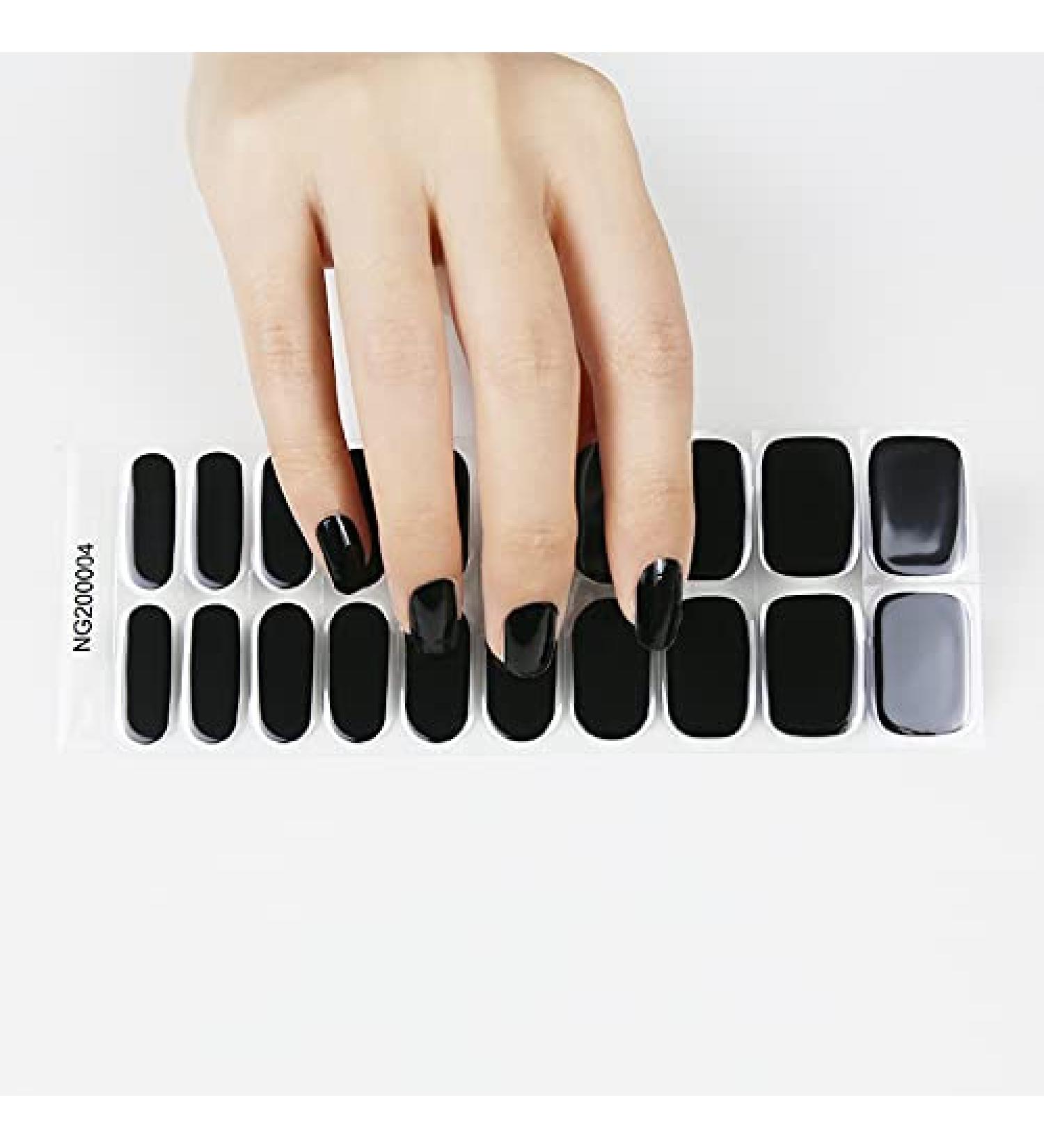 Solid Black Semi Cured Gel Nails Strips 20 Stickers Nail Wraps Soft Self-Adhesive Gel Nail Stickers Salon-Quality Gel Nail Strips for Nails French Tip Manicure UV/LED Lamp Required (04-Black)