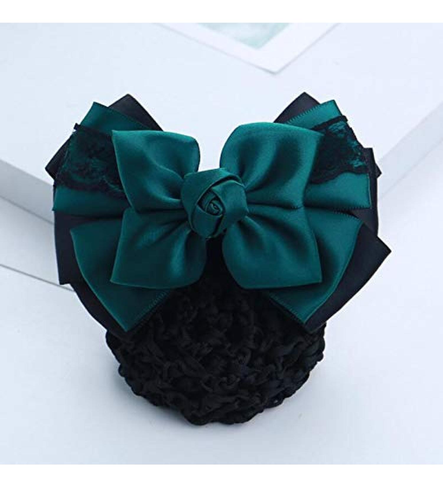 Women Hair Bun Cover Net Snood Hairnet Bowknot Decor Satin Bow Barrette French Hair Clip Bow Ribbon Flower Hair Accessories For Banks Hotels Restaurant Staff (Green) - Buy Online on GoSupps.com