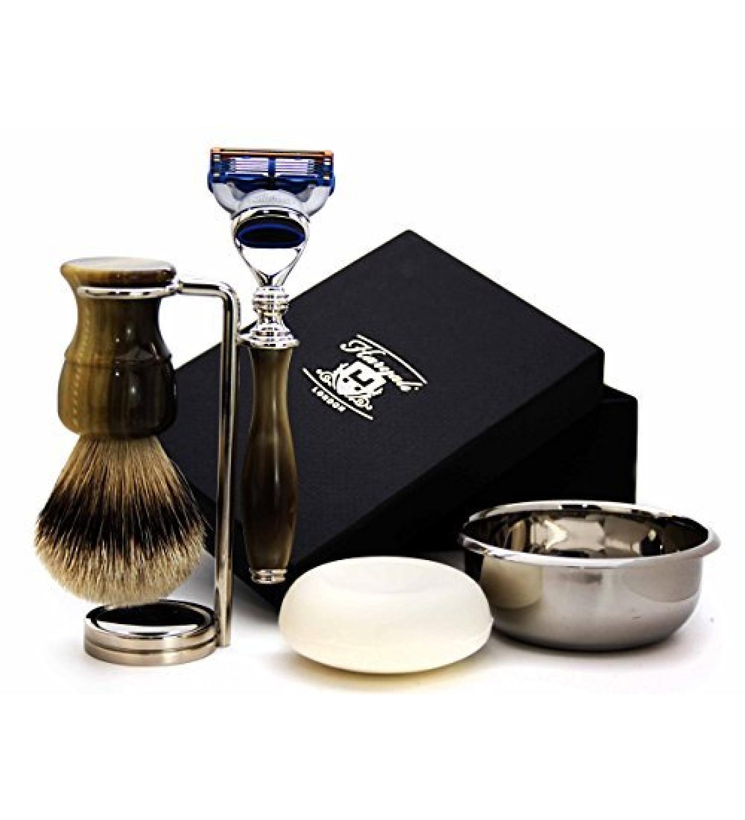 5Pc Mens Shaving Kit 5 Edge Safety Razor With Silver Tip Badger Hair Shaving Brush Stand Soap and Stainless Steel Bowl Perfect Set for Men