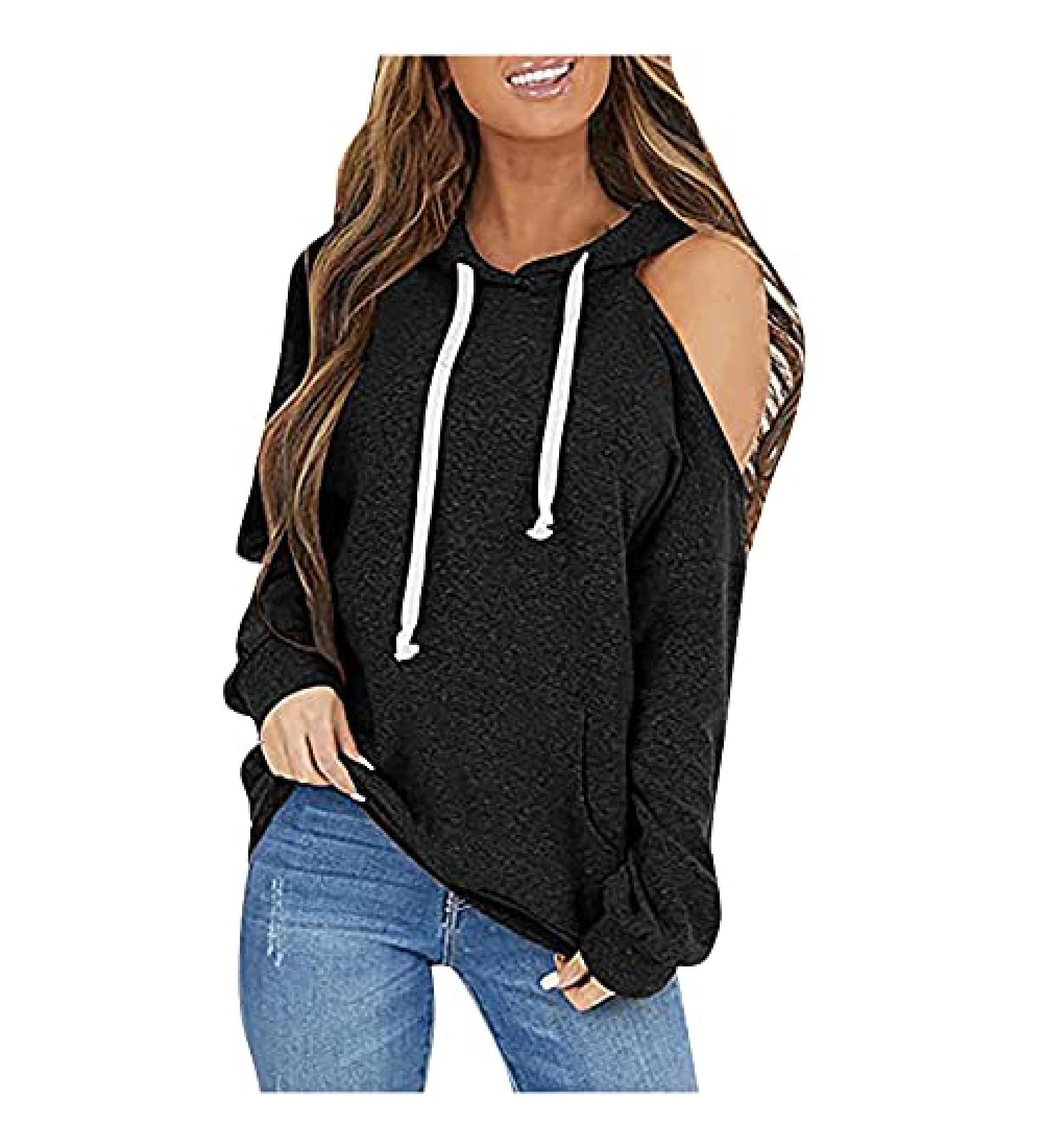 Modedress Women's Drawstring Hoodie Sweatshirt with Pockets - Black | Autumn Long Sleeve Pullover Top | Size Medium - Buy Online on GoSupps.com
