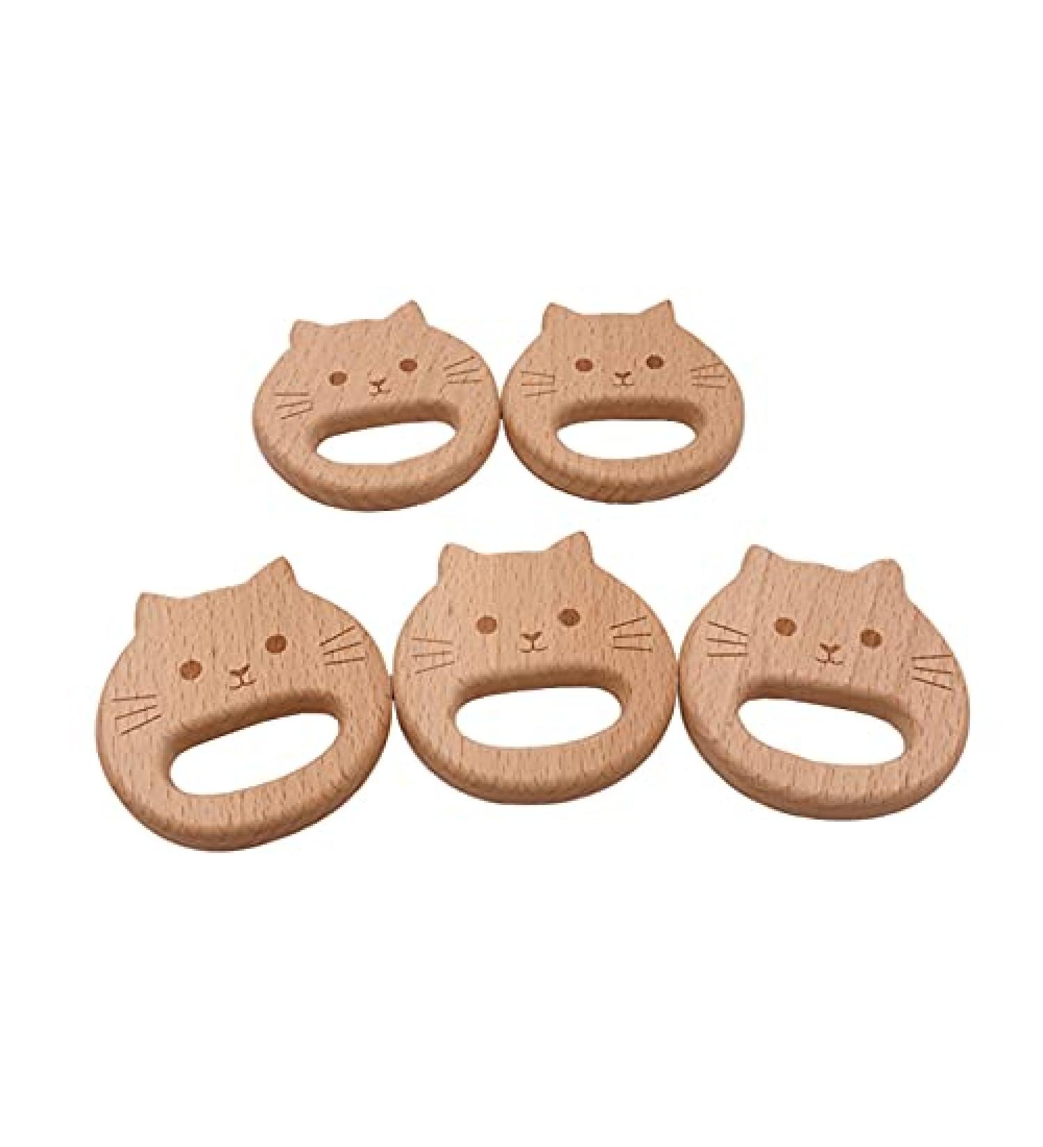 Wendysun 5pcs Cartoon Wood Teether Set - Natural Animal Cat Head Shape for Baby Teething - Beech DIY Pendant Toy - Buy Online on GoSupps.com