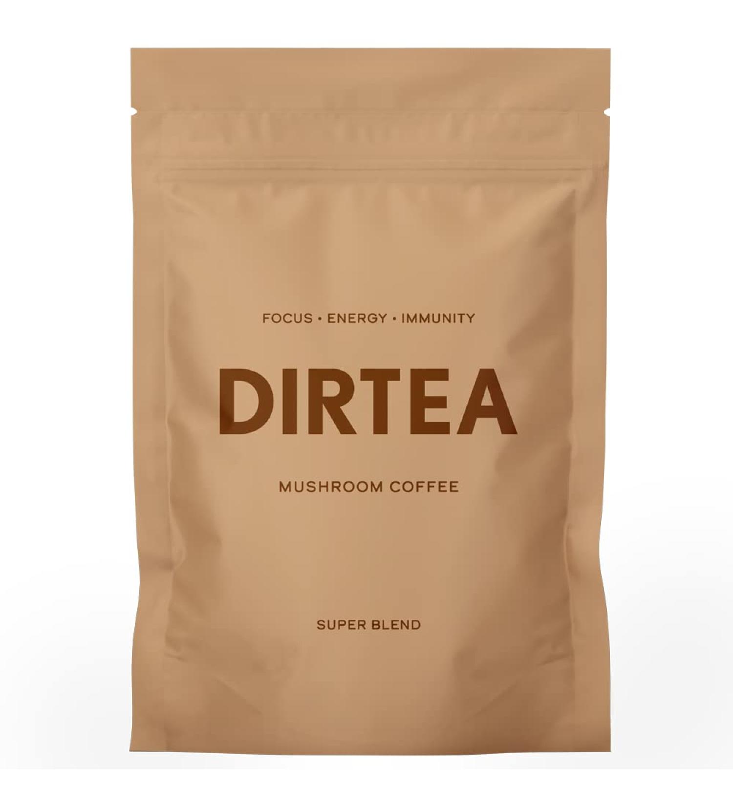 Dirtea Mushroom Coffee Super Blend Powder Medium Coffee Roast Level recommended for Energy Focus and Immunity 60 Servings