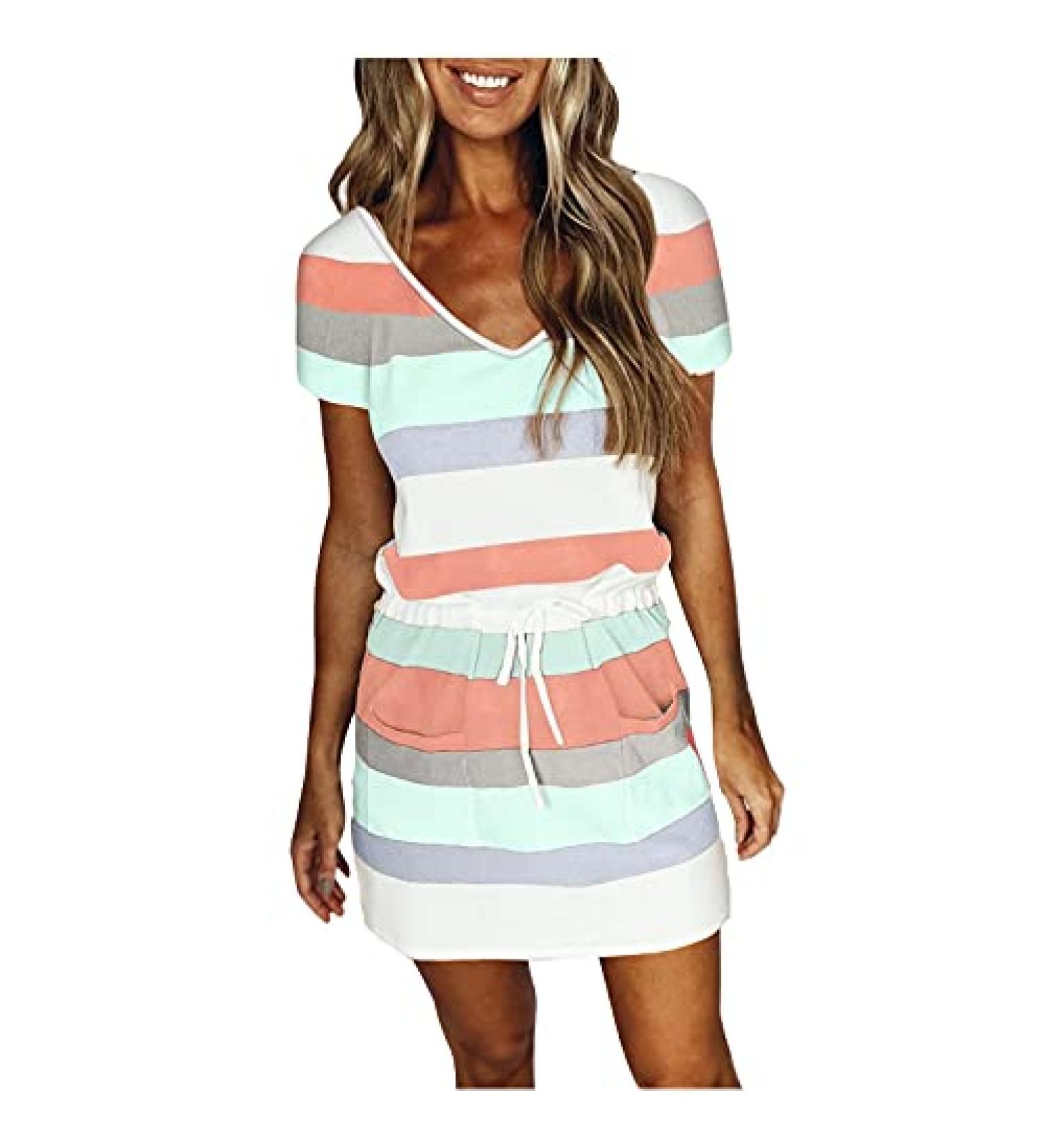 Maqroz Women's Striped Knee Length Dress - Short Sleeve Casual Mini Beach Dress with Drawstring Waist and Pocket - Mint Green (Small) - Buy Online on GoSupps.com