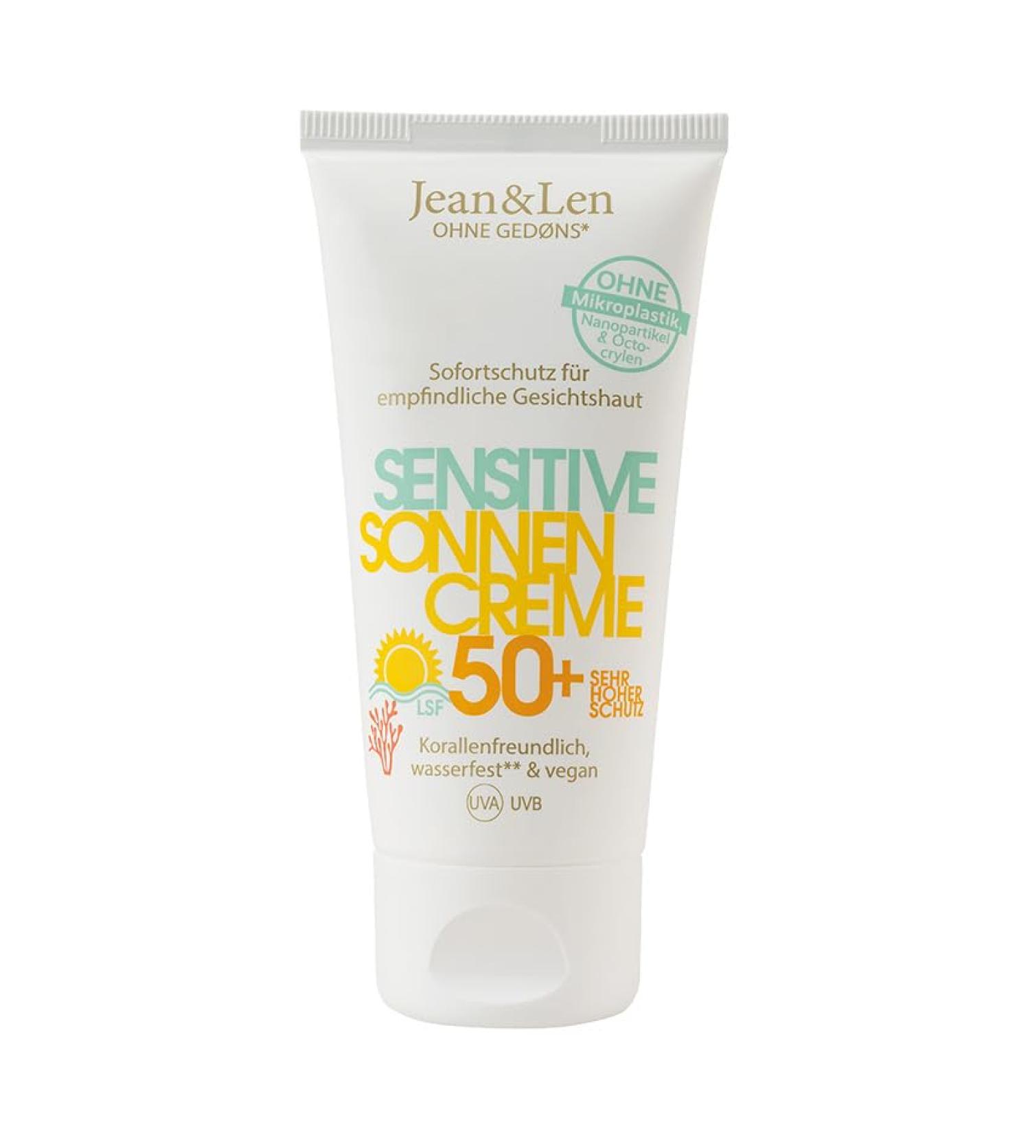 Jean & Len Sensitive Sunscreen 50+ SPF - Waterproof Vegan Travel Size | No Silicones Nanoparticles or Microplastics - Buy Online on GoSupps.com