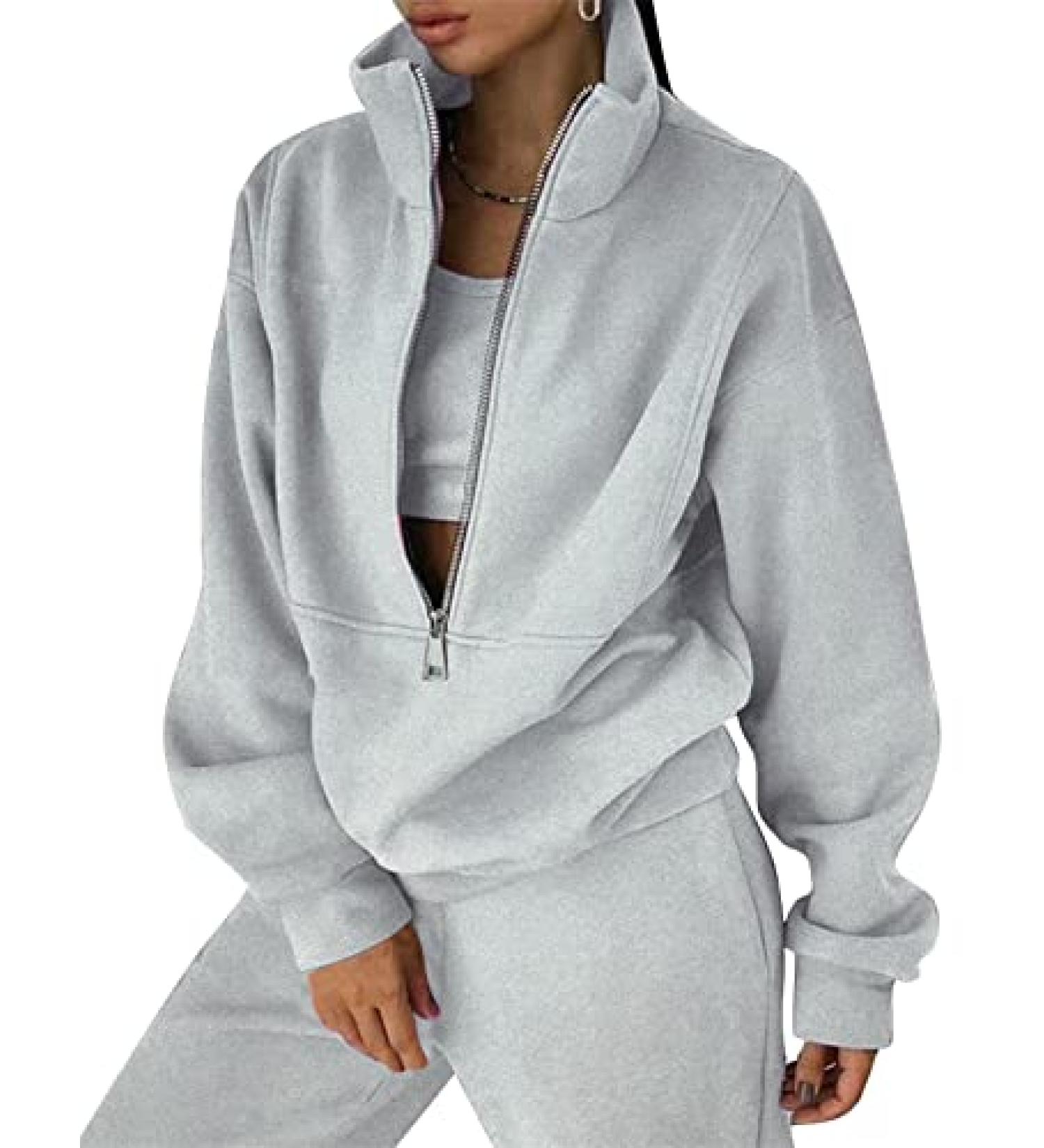 COZYPOIN Women's Fleece Two Piece Outfit | Grey Half Zip Sweatshirt & Joggers Set | X-Large - Buy Online on GoSupps.com