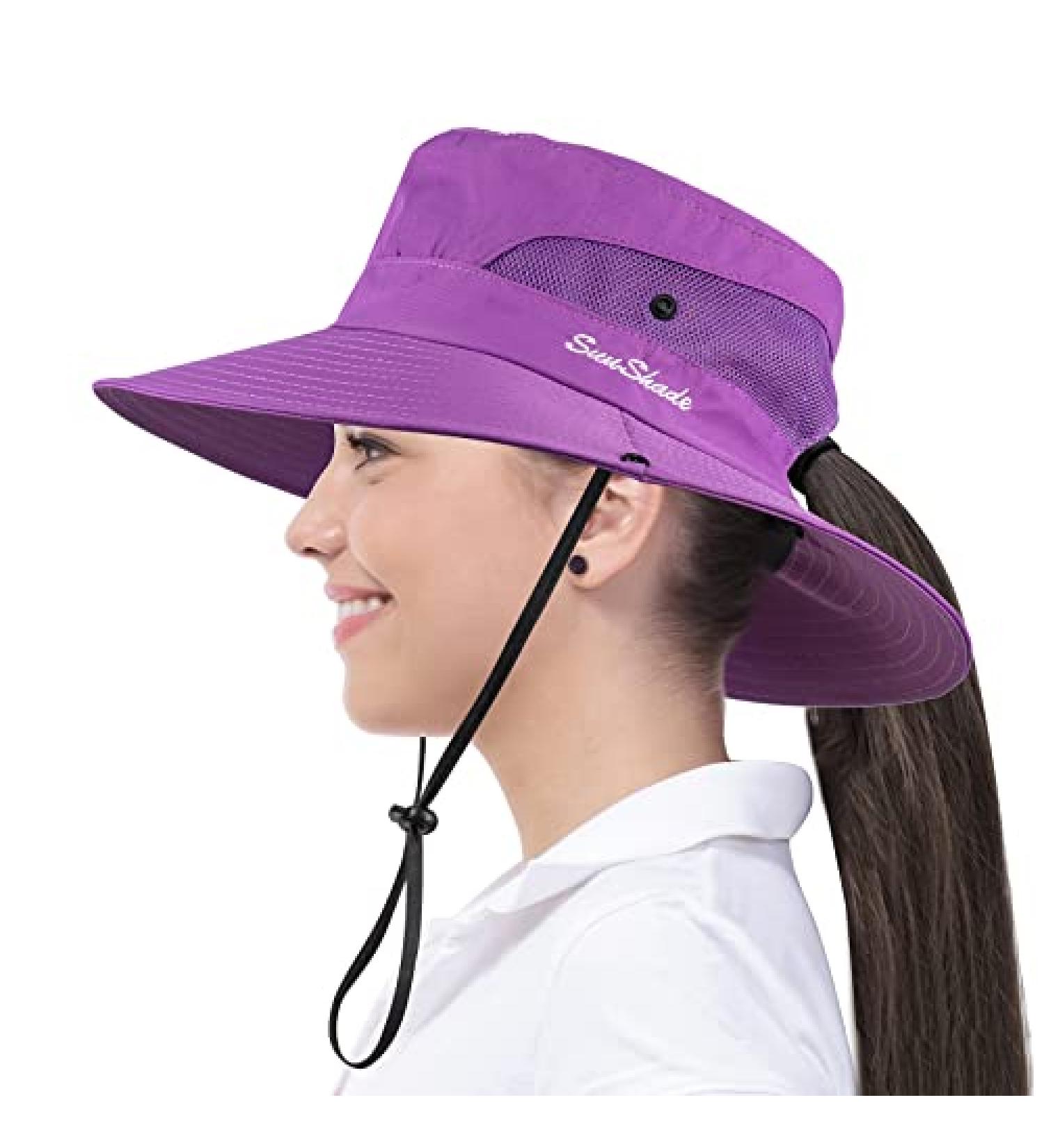 Lesgrod Women's UV Protection Ponytail Sun Hat - Foldable Wide Brim Beach Bucket Hat in Pure Purple - Buy Online on GoSupps.com