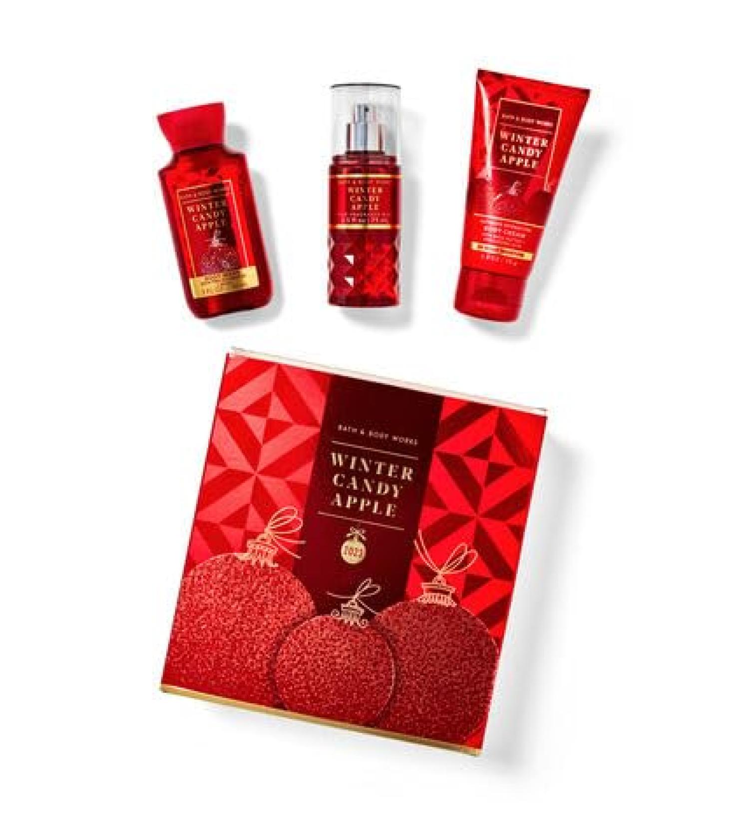 Bath and Body Winter Candy Apple Mini Gift Box Set - Ultimate Hydration Body Cream (2.5 oz) Body Wash (3 fl oz) and Fine Fragrance Mist (2.5 fl oz) Arranged Inside a Decorative Gift Box